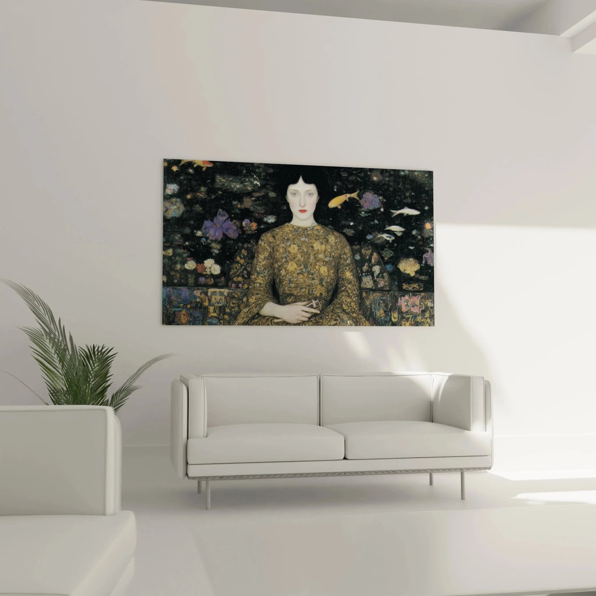 Detailansicht symbolistisches Frauenporträt mit ornamentalem Gewand und mystischen Elementen