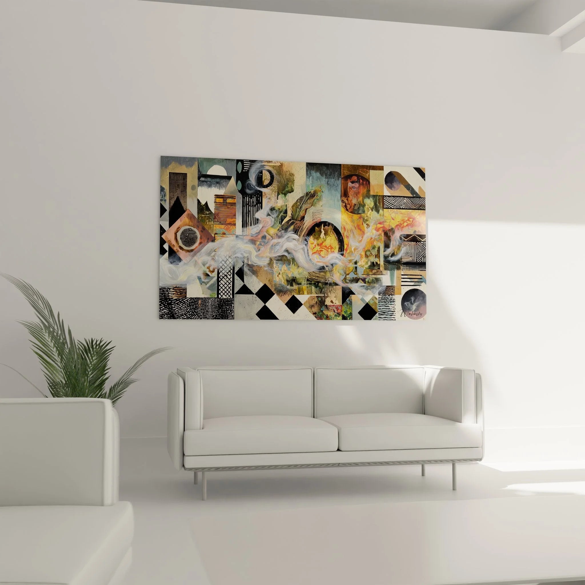 Detailaufnahme des abstrakten Wandbildes mit geometrischen Formen und fließenden Elementen