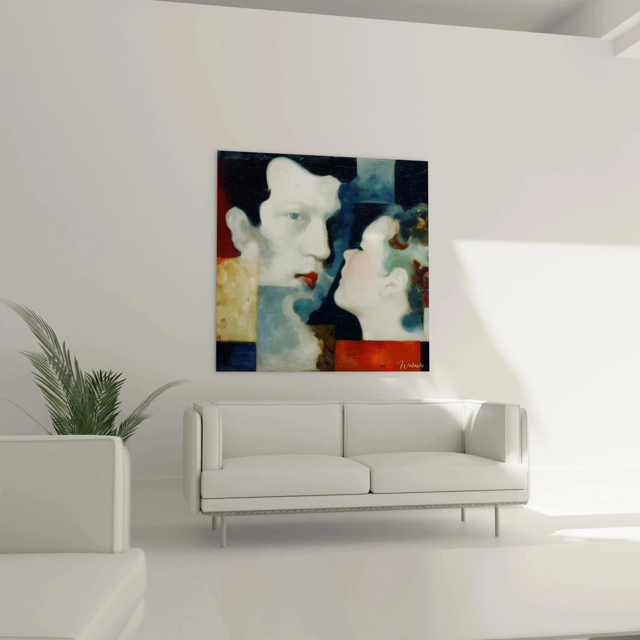 Detailansicht Wandbild abstrakte Gesichter, dadaistische Malerei mit expressiven Gesichtszuegen