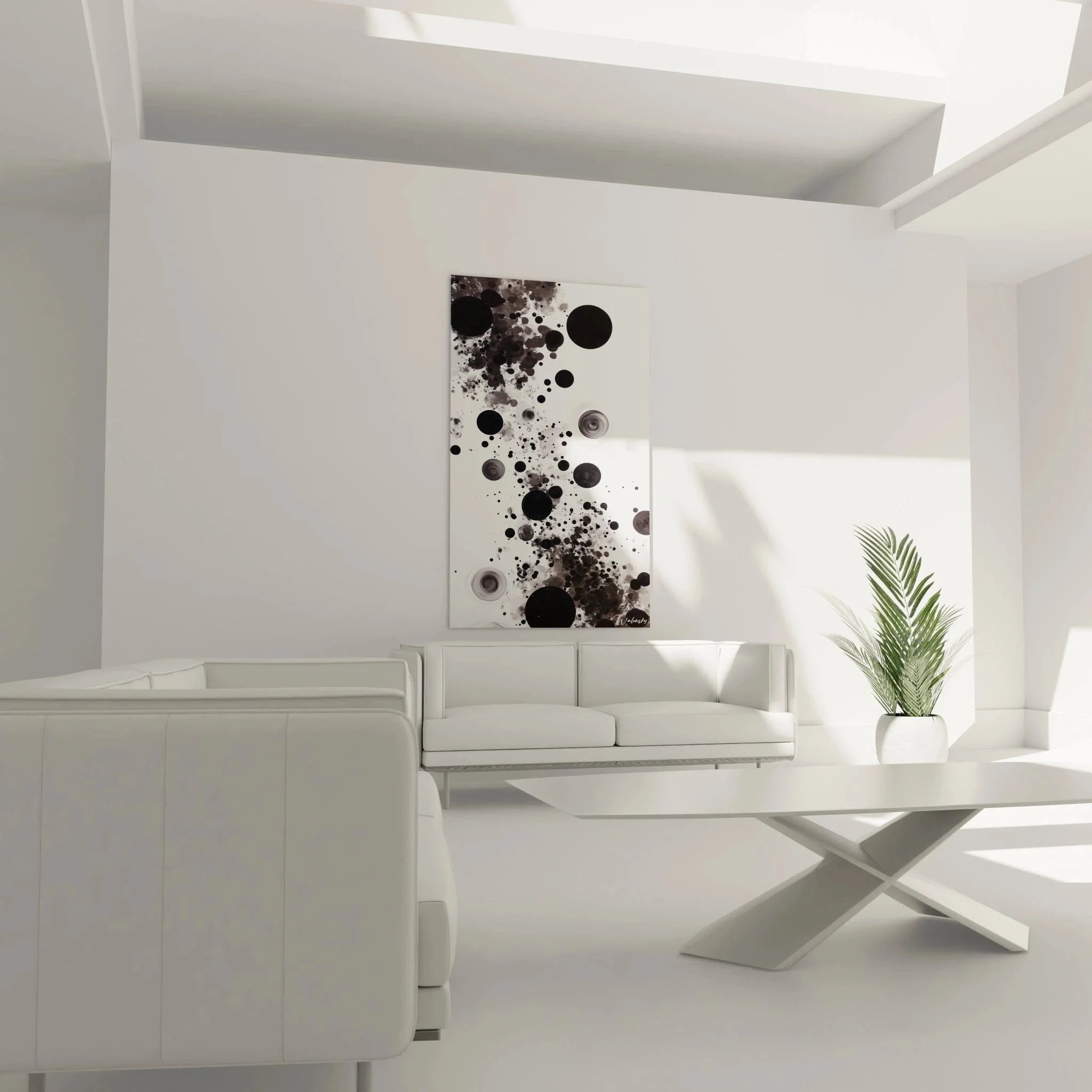 Detailansicht abstrakte Kreise Wandbild schwarz-weiß Spritzer Textur Dalmatiner Optik