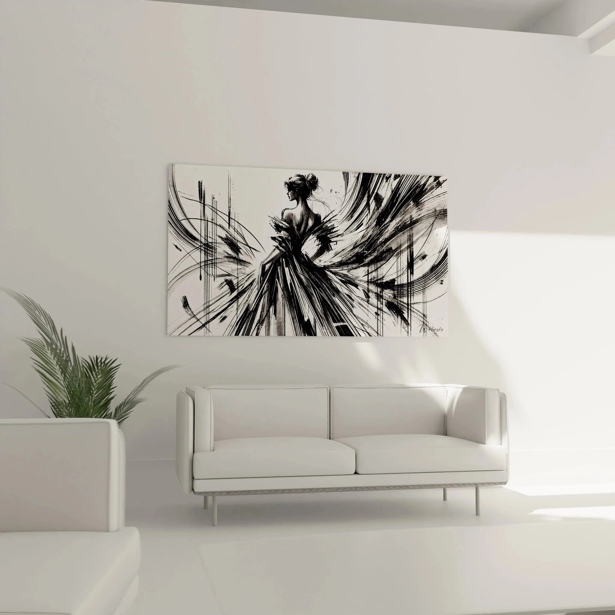 Detailansicht abstraktes Wandbild Tänzerin mit kraftvollen schwarzen Strichen und Linienführung