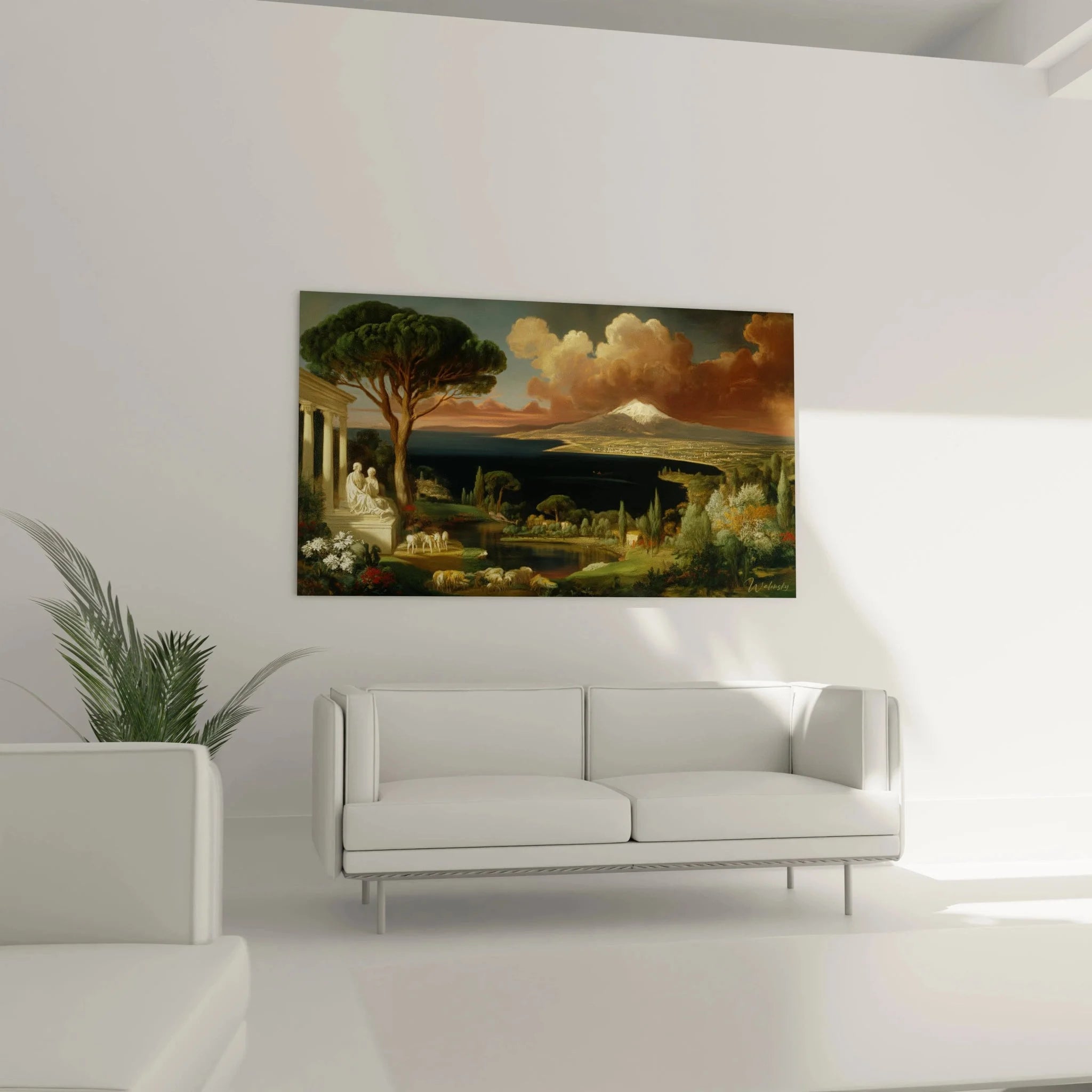 Detailansicht Wandbild mit antiker Tempelarchitektur und weißgekleideten Figuren neoklassisch