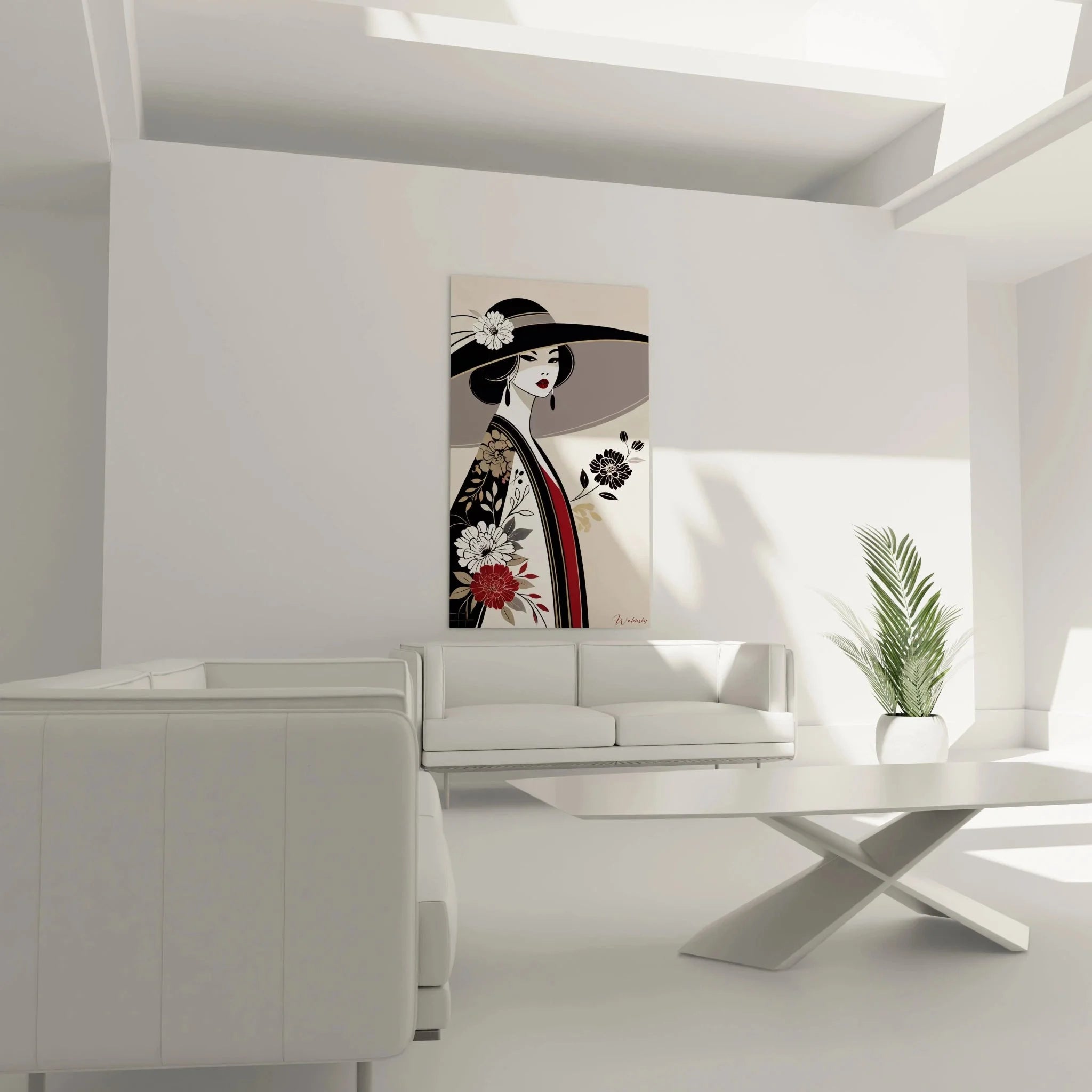 Detailansicht Wandbild Asiatin - kunstvolle Darstellung mit Hut und Blüten in traditioneller chinesischer Ästhetik