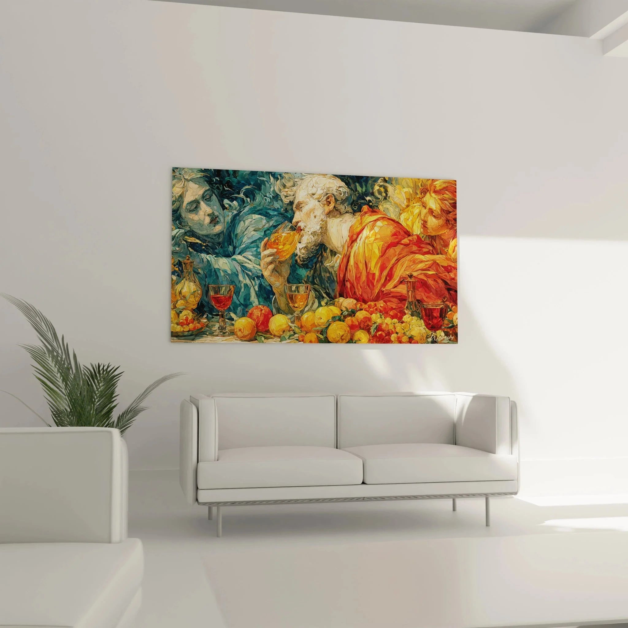 Detailansicht Wandbild Renaissance Bacchus mit goldenen Kelchen und leuchtenden Früchten