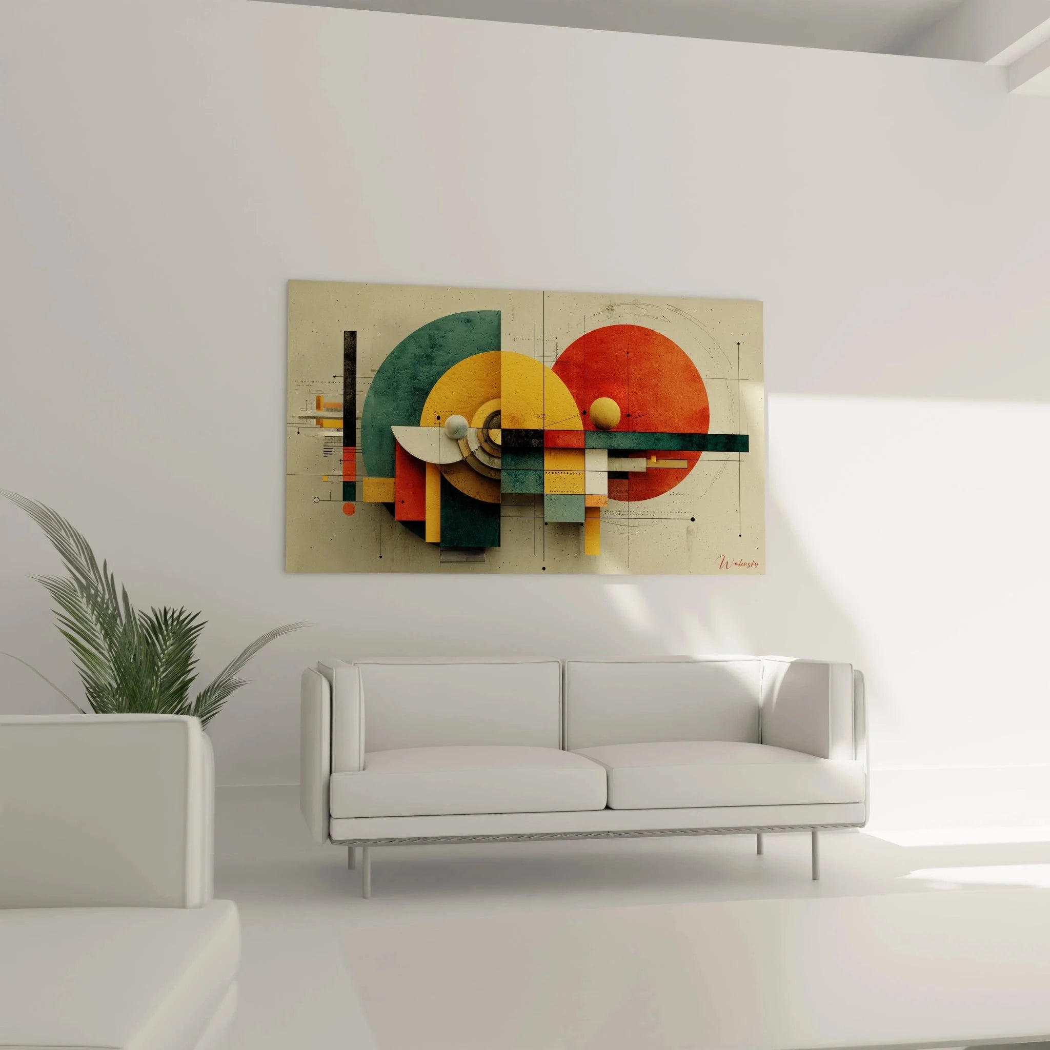 Detailansicht Wandbild Bauhaus Komposition zeigt präzise geometrische Elemente und Farbübergänge