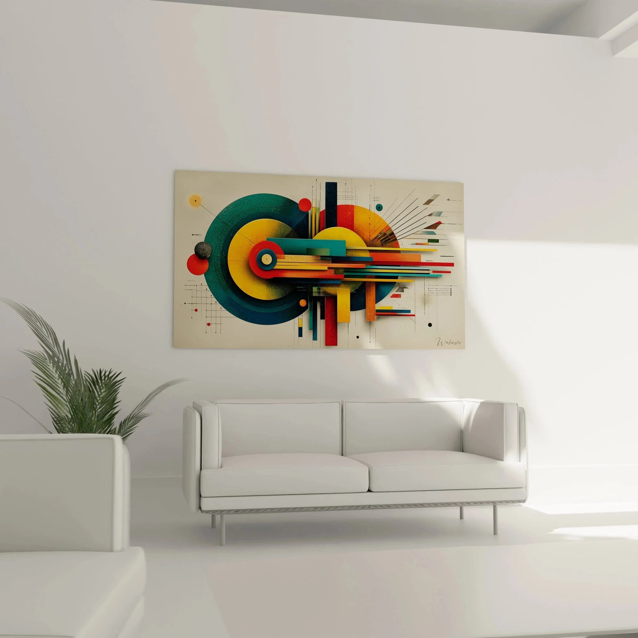 Detailaufnahme Wandbild Bauhaus geometrische Formen mit präzisen Linien und Farbverläufen