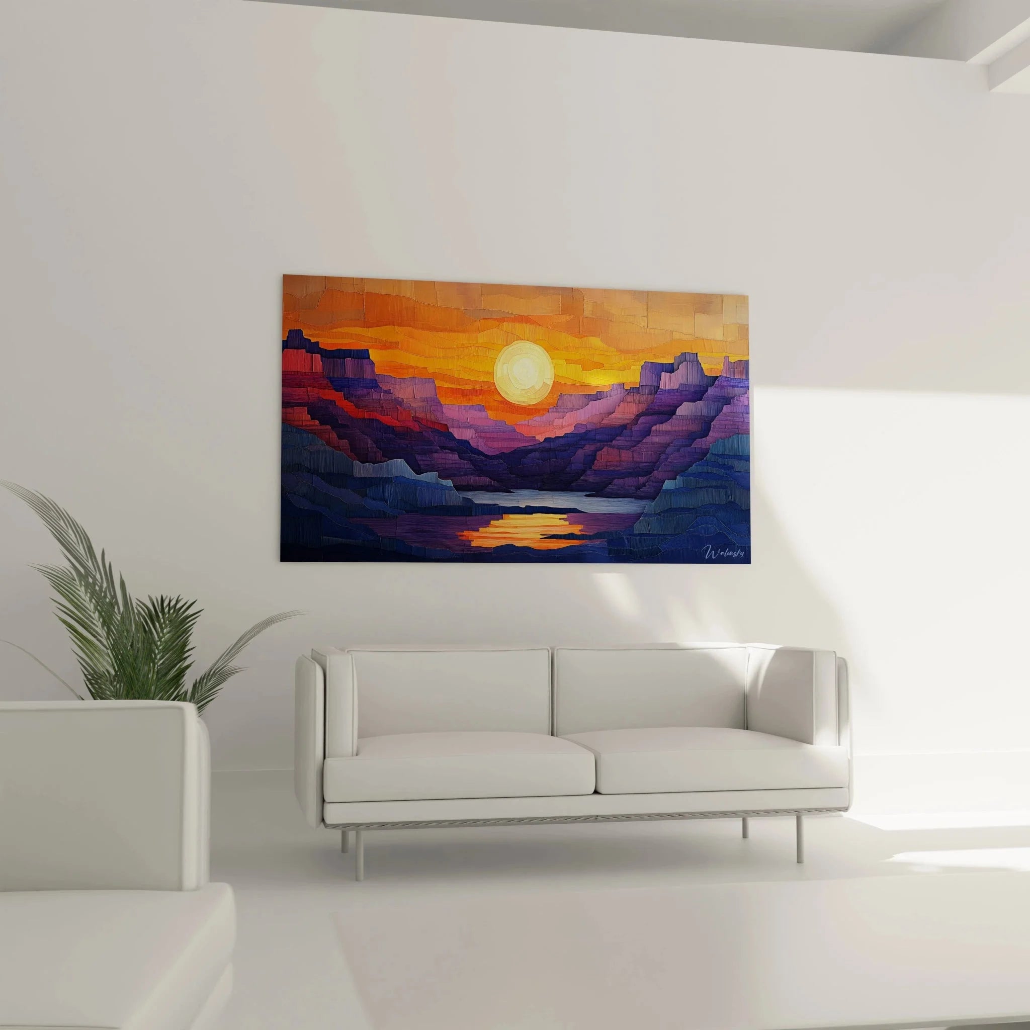 Detailansicht Wandbild Berglandschaft mit fragmentierter Maltechnik und warmen Sonnenuntergang Farben