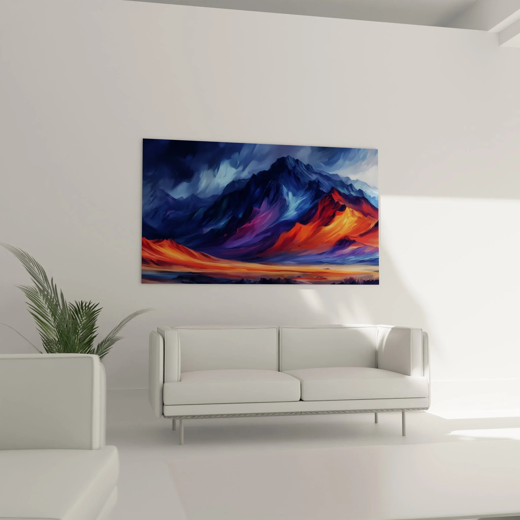 Detailansicht Wandbild Bergpanorama - strukturierte Farbübergänge von Blau zu Orange