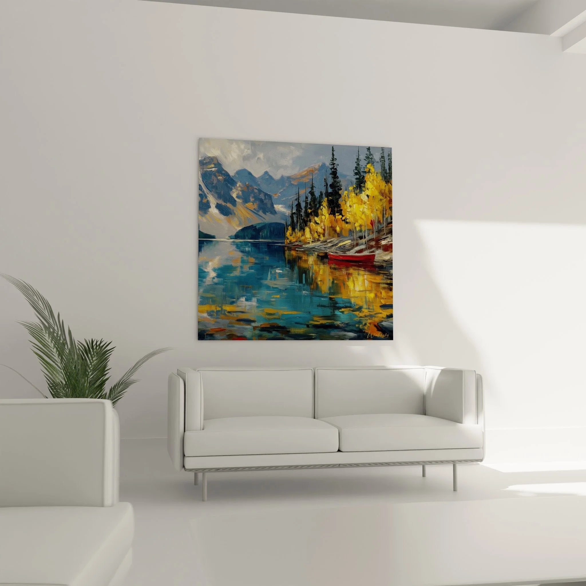 Detailaufnahme Wandbild Bergsee mit goldenen Herbstbäumen und Bergspiegelung