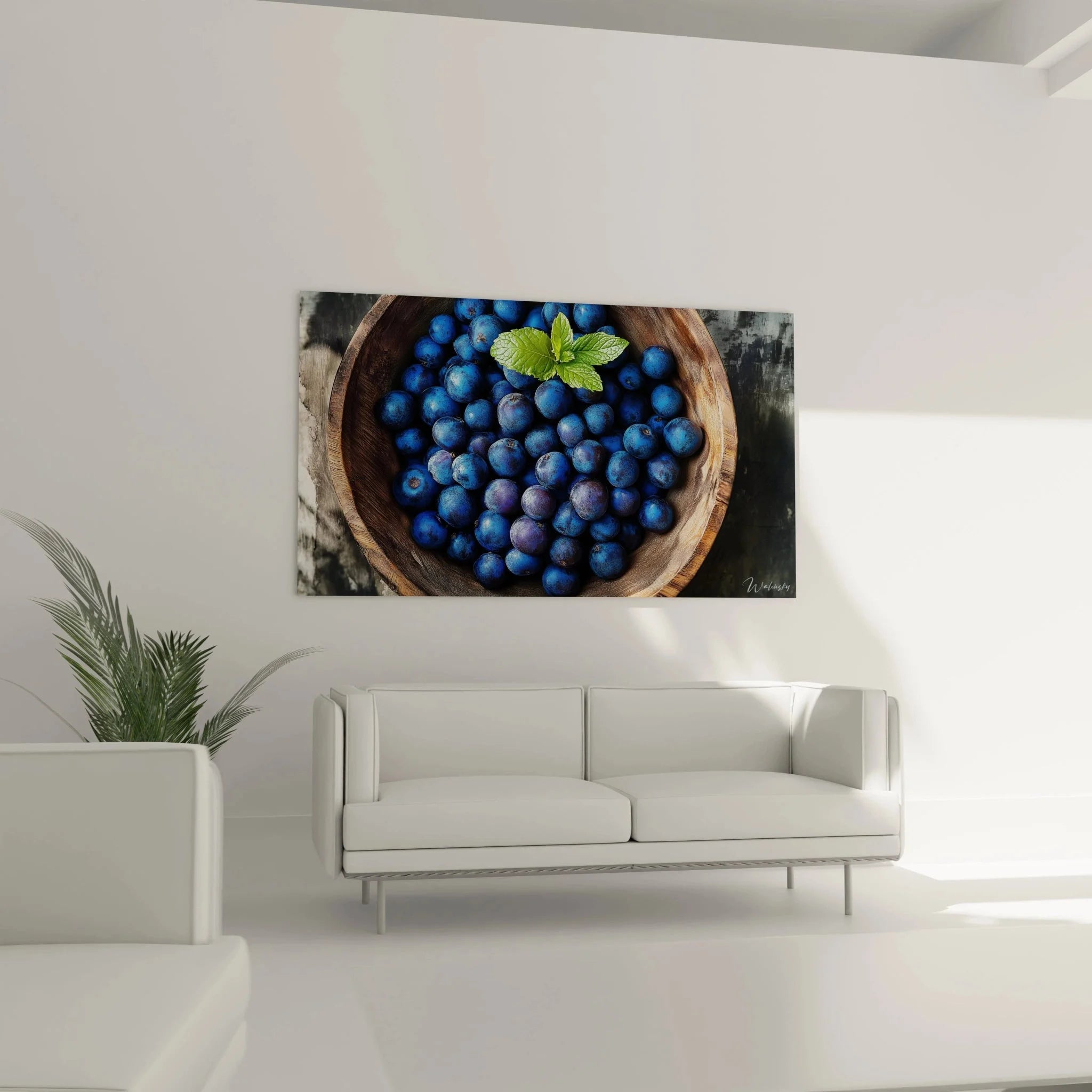 Detailaufnahme Wandbild Blaubeeren - frische Heidelbeeren mit Minzblatt in Holzschale