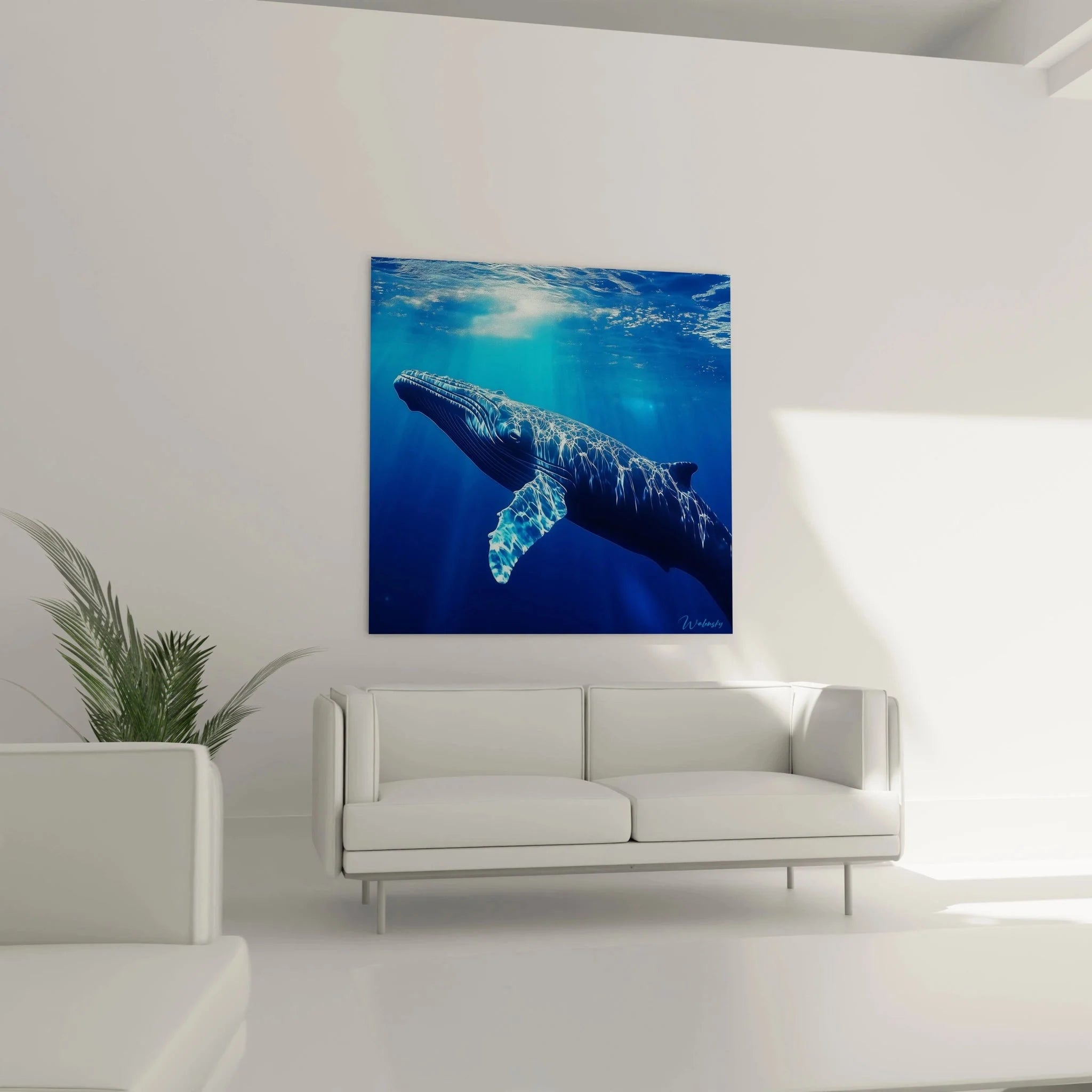 Detailansicht Wandbild Buckelwal mit realistischen Merkmalen und Lichtreflektionen im Ozean