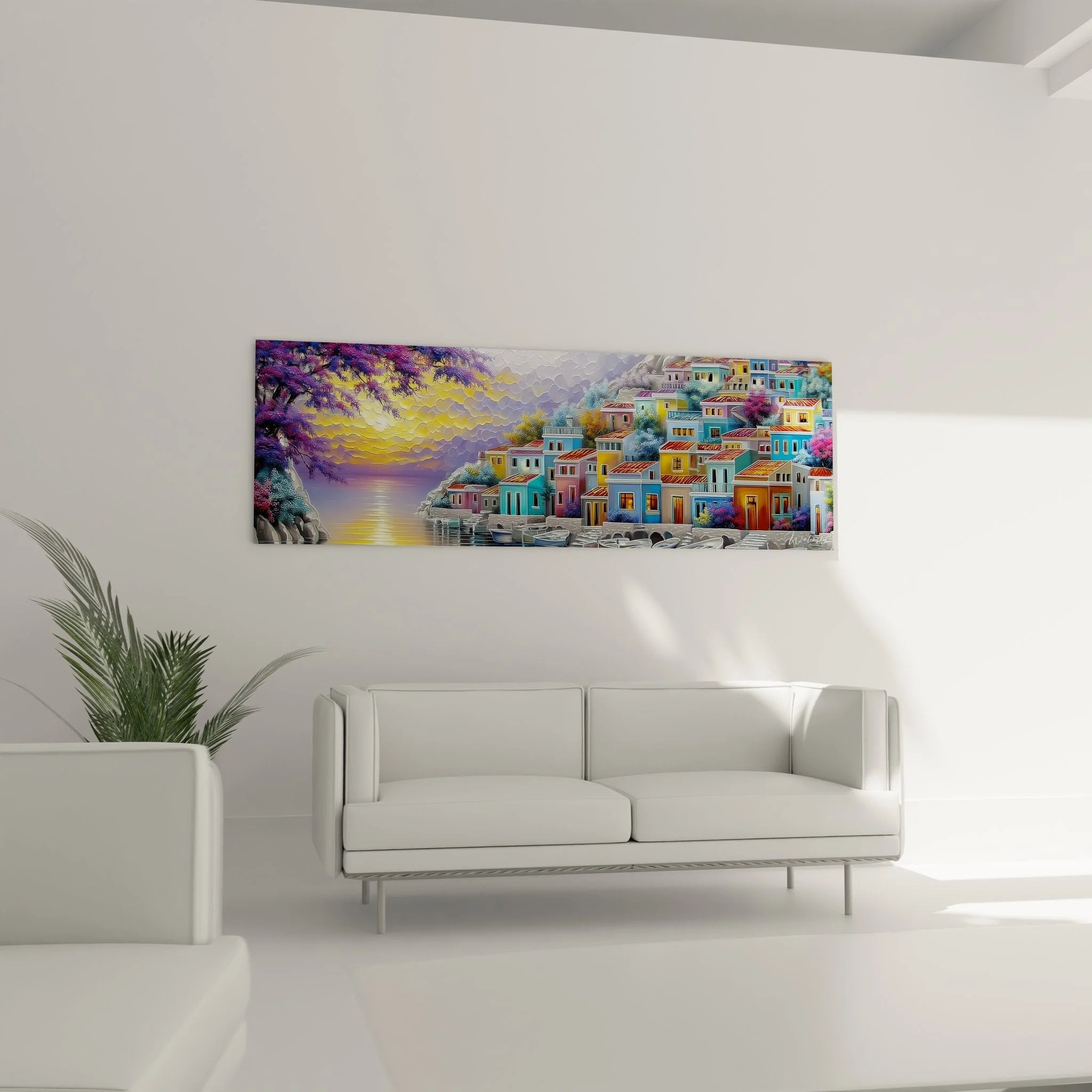 Detailansicht Wandbild mediterrane Küstenhäuser - bunte Architektur mit Booten am Seeufer