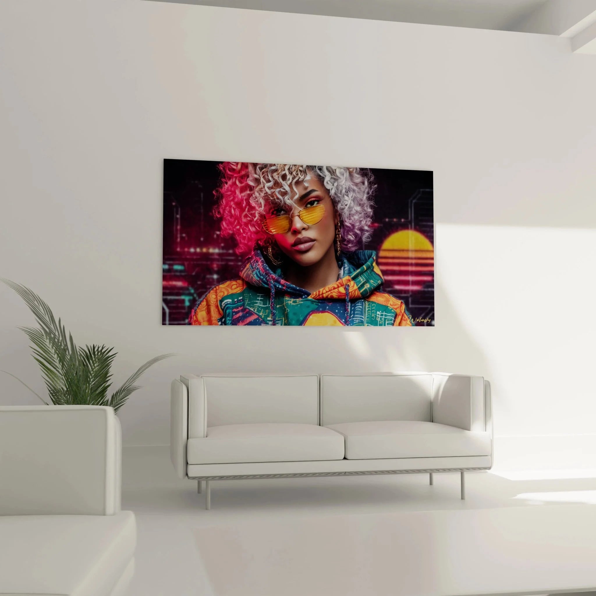 Detailansicht Wandbild Cyberpunk Porträt, bunte Locken und goldene Sonnenbrille in Streetwear-Style