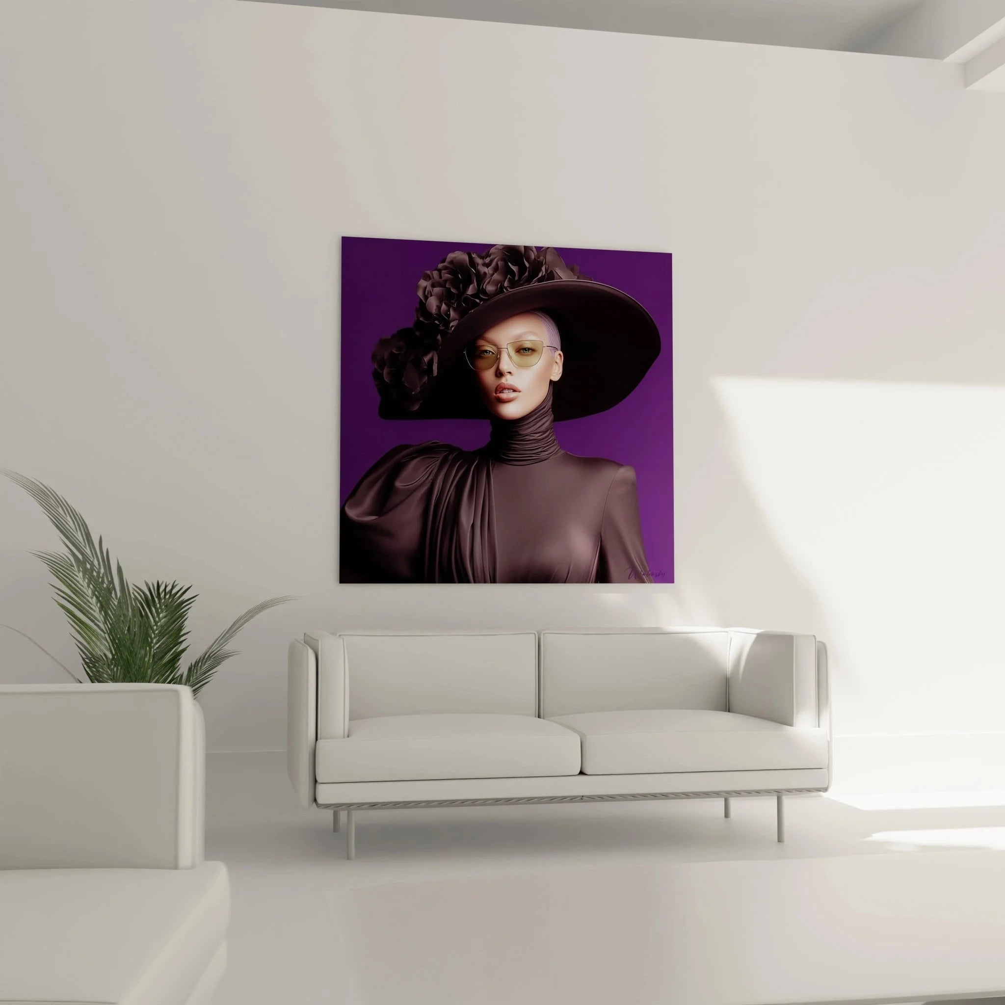 Detailansicht Wandbild Dame mit Hut - kunstvolle Blütendekoration und goldene Brille im Fokus