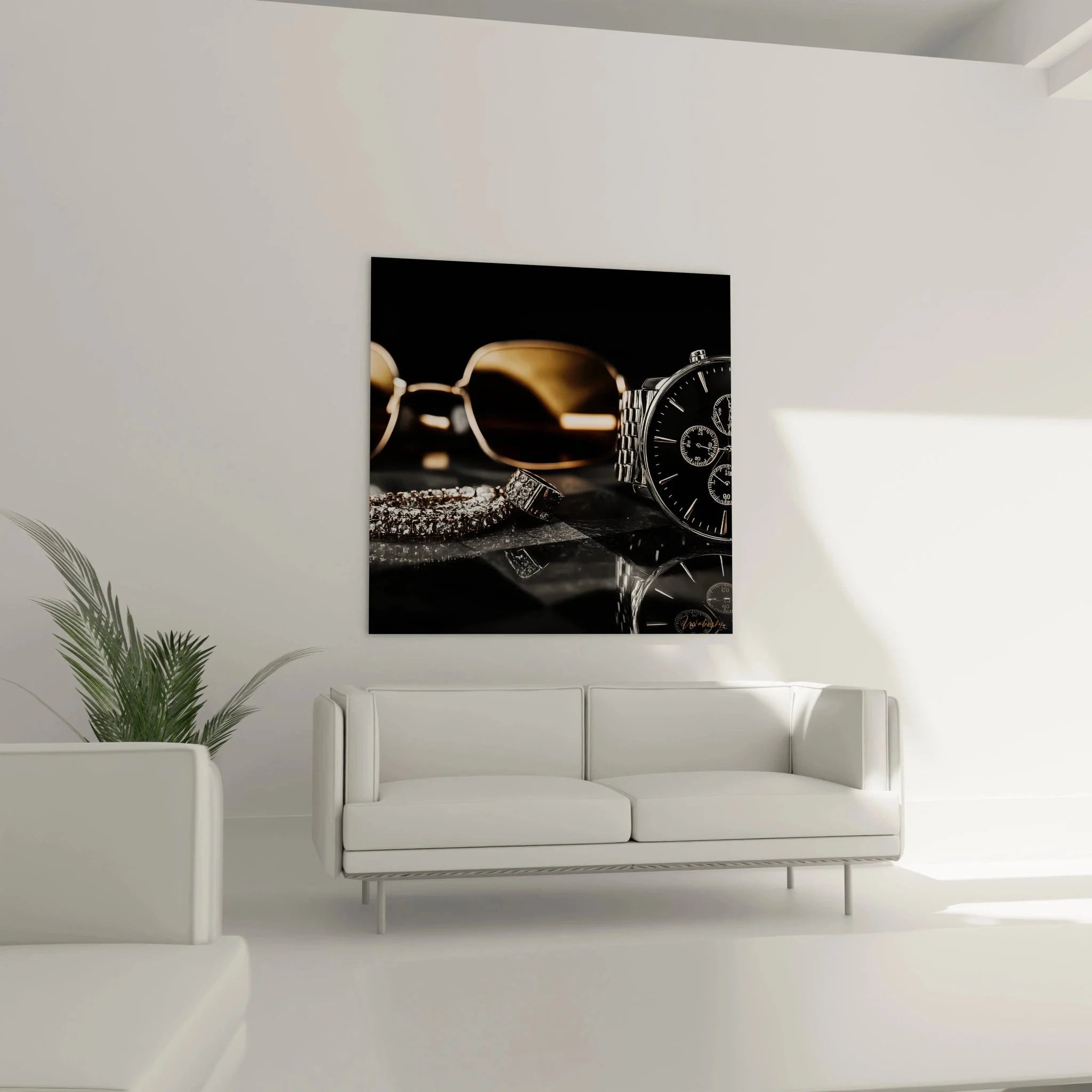 Detailansicht des Wandbildes zeigt funkelnde Diamantringe und Chronographen