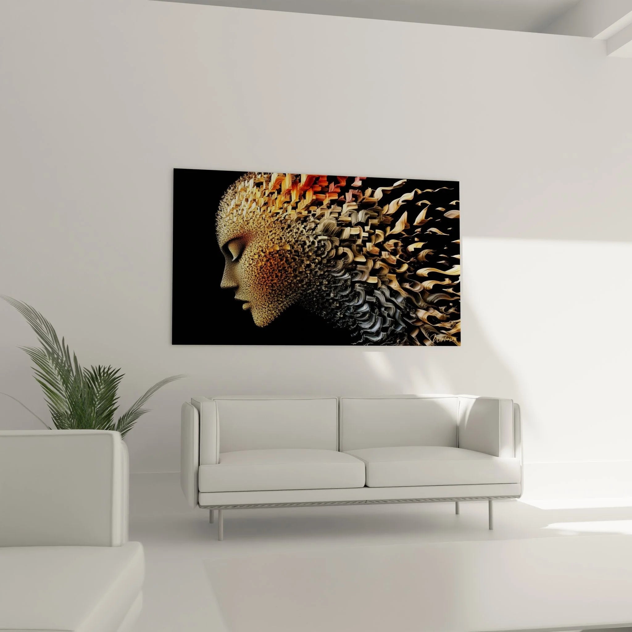 Detailansicht Wandbild digitale Gesichtstransformation mit pixelierten Fragmenten in Gold und Orange Tönen