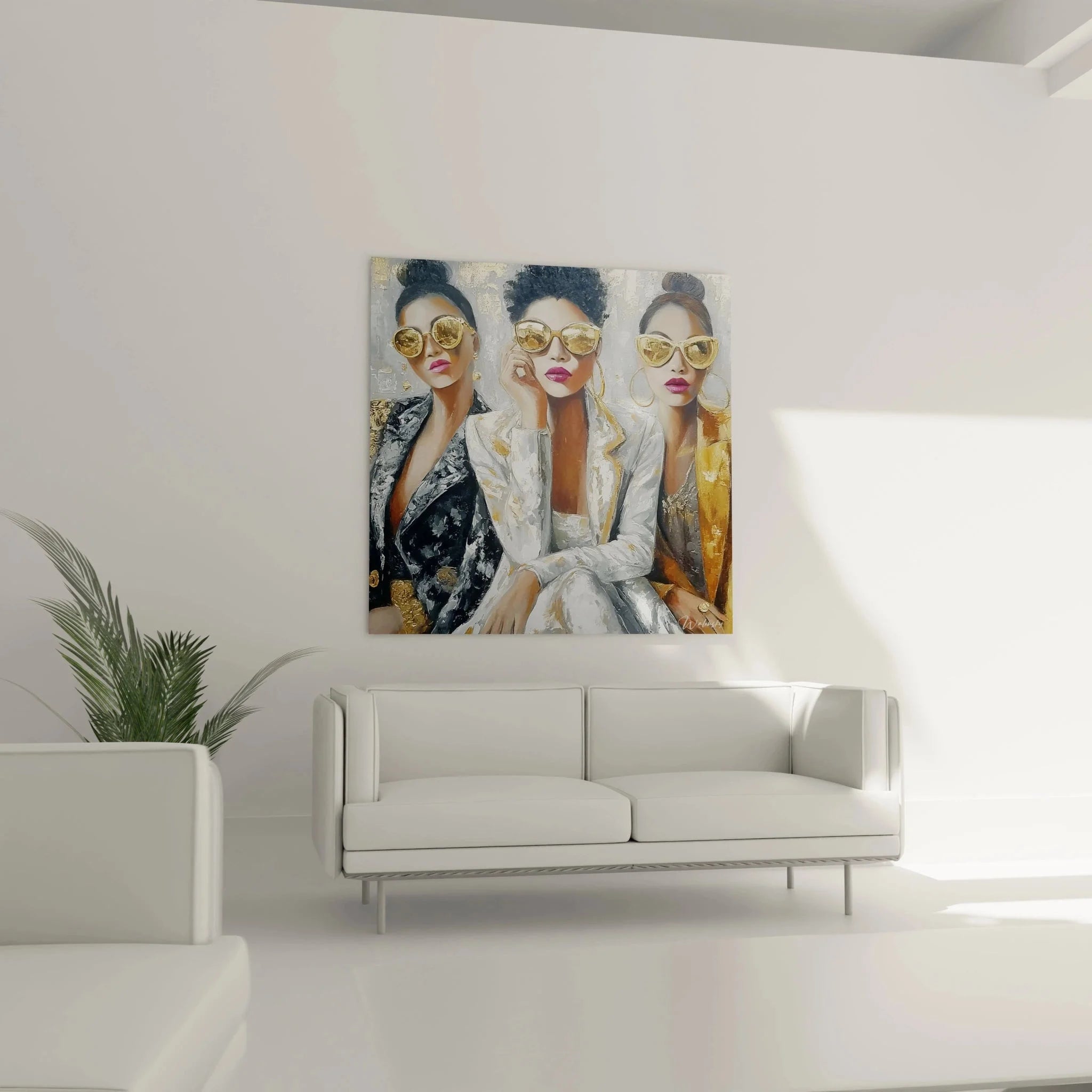 Detailansicht Wandbild drei Frauen Portraits mit goldenen Sonnenbrillen und pinken Lippen