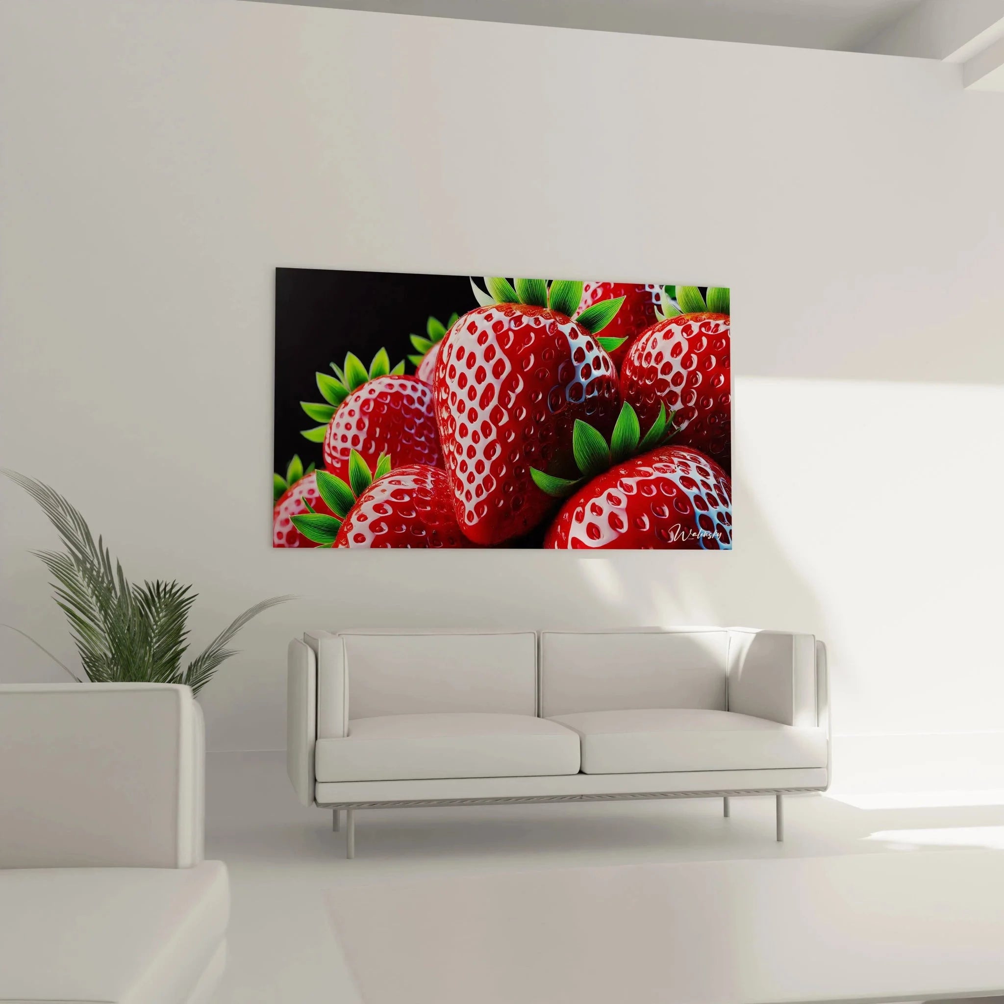 Detailaufnahme Wandbild Erdbeeren, realistische Darstellung mit weißen Samen und grünen Kelchblättern