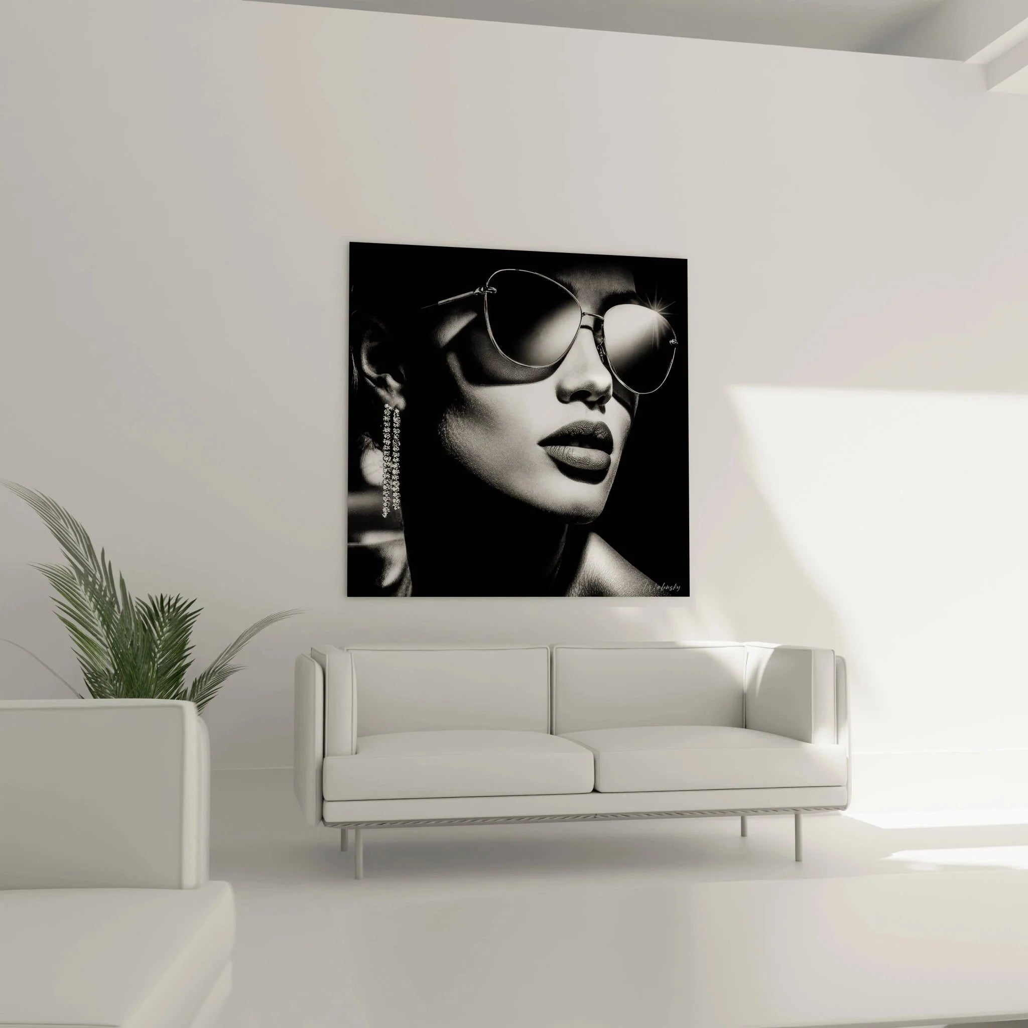 Detailansicht Wandbild glamouröse Frau mit spiegelnden Sonnenbrillen und Luxus-Ohrringen