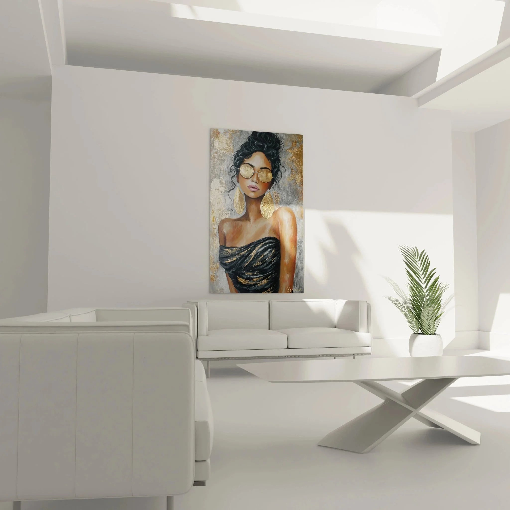 Detailansicht Wandbild Frauenporträt mit goldener Sonnenbrille - hochwertige Wandkunst Mode-Gesicht