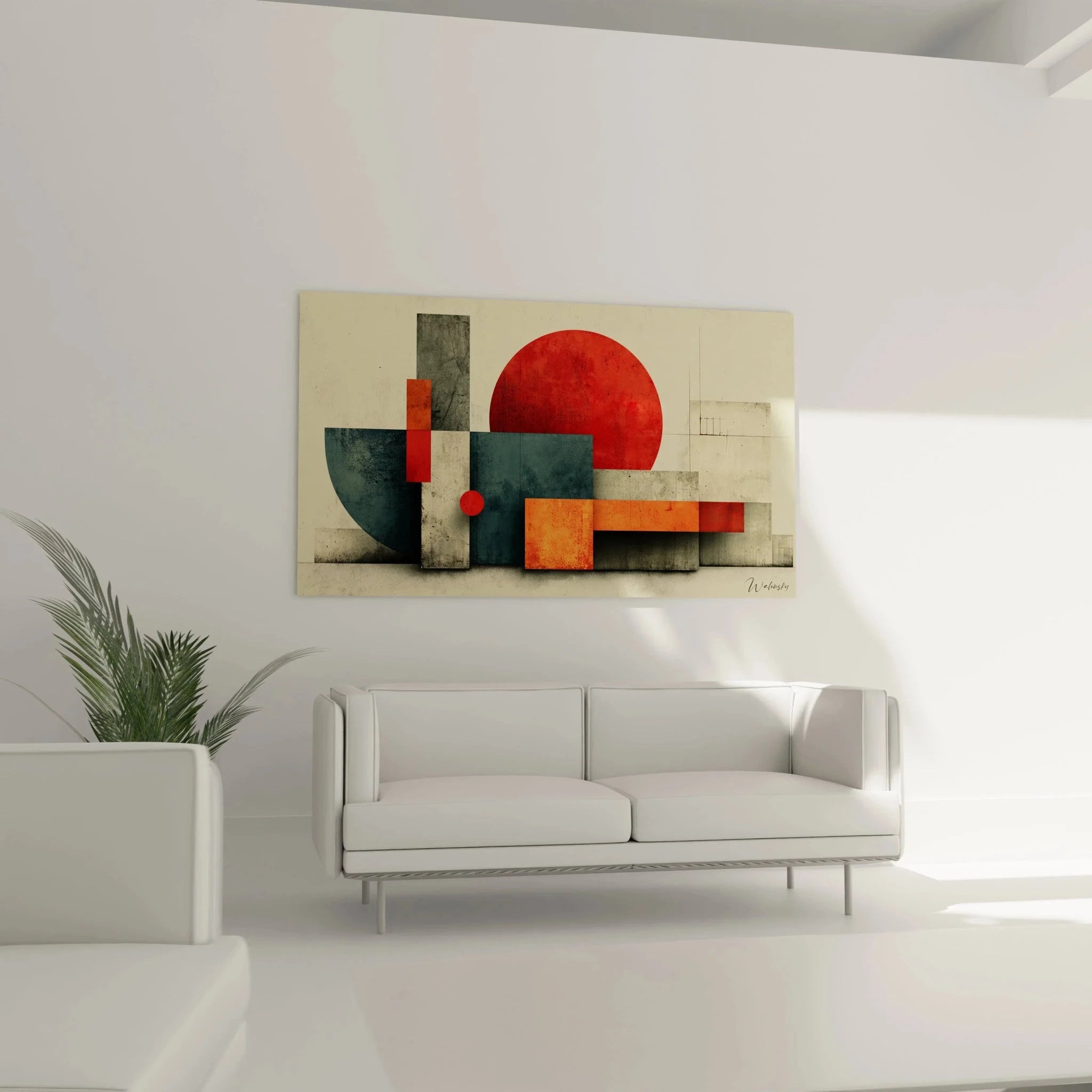 Detailansicht Wandbild geometrische Bauhaus Komposition rote blaue Formen konstruktivistische Kunst