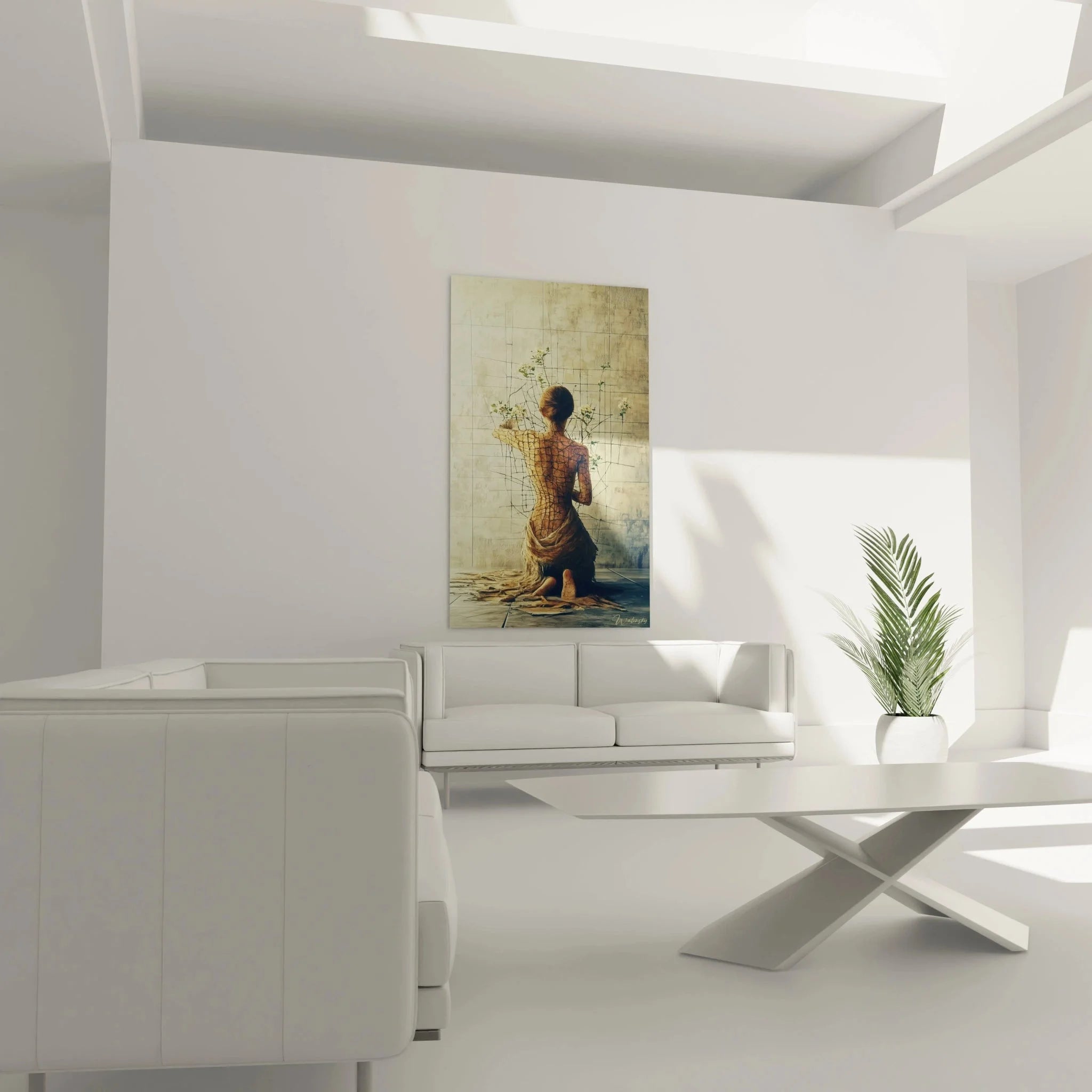 Detailansicht geometrische Linien und Pflanzentriebe im surrealen Wandbild Metamorphose