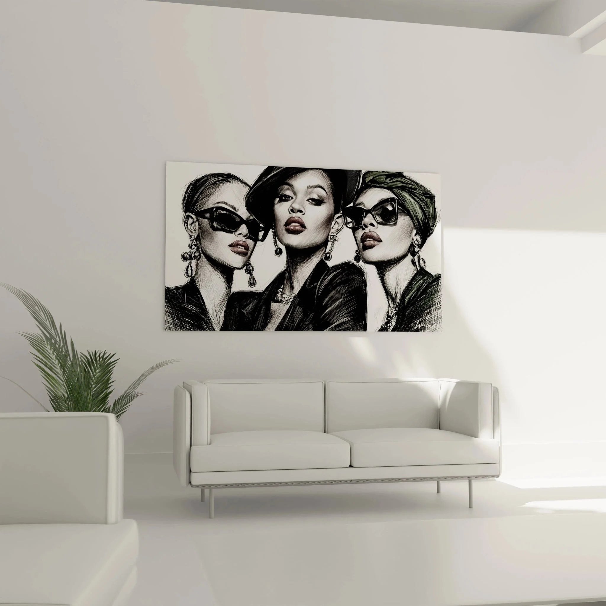 Detailansicht Wandbild drei stilvolle Frauen Portraits mit Sonnenbrillen und Schmuck in Fashion Illustration