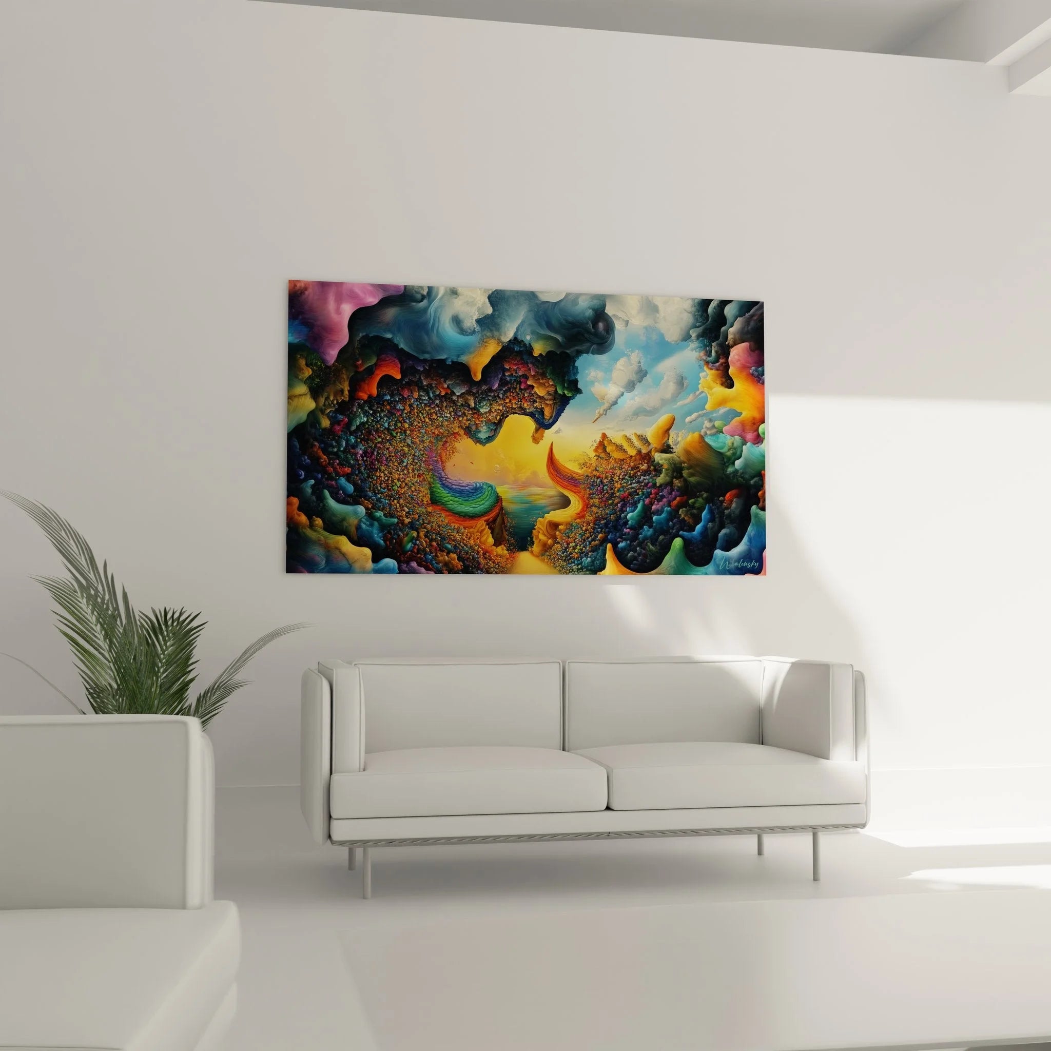 Detailansicht surreales Wandbild mit goldenen Partikeln und kristallinen Strukturen