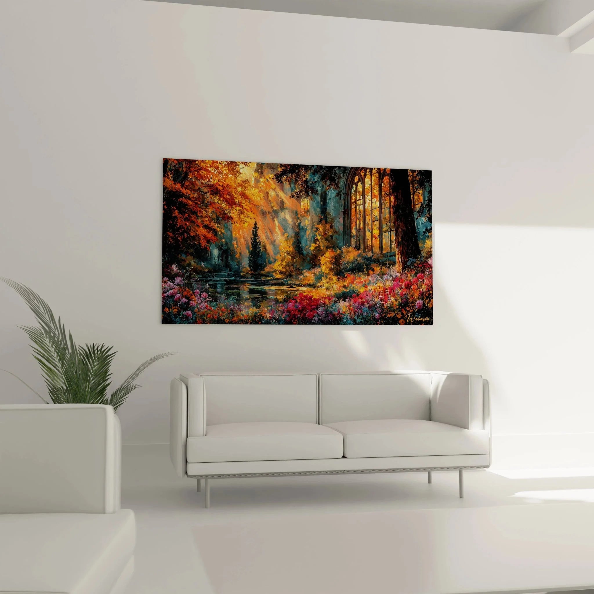 Detailansicht Wandbild gotische Architektur, Spitzbogenfenster in Herbstlandschaft