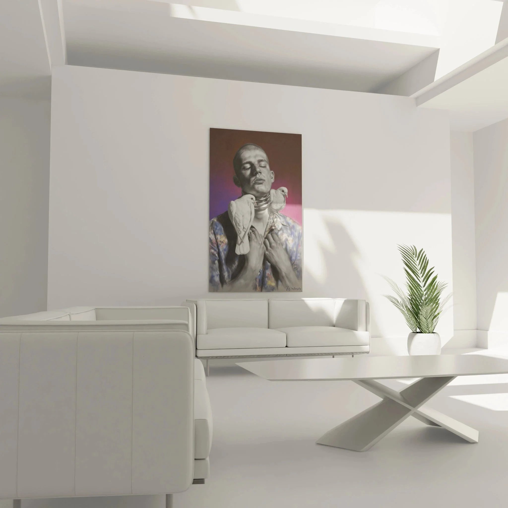 Detailaufnahme hyperrealistisches Wandbild Mann mit Tauben zeigt präzise Maltechnik und Texturen