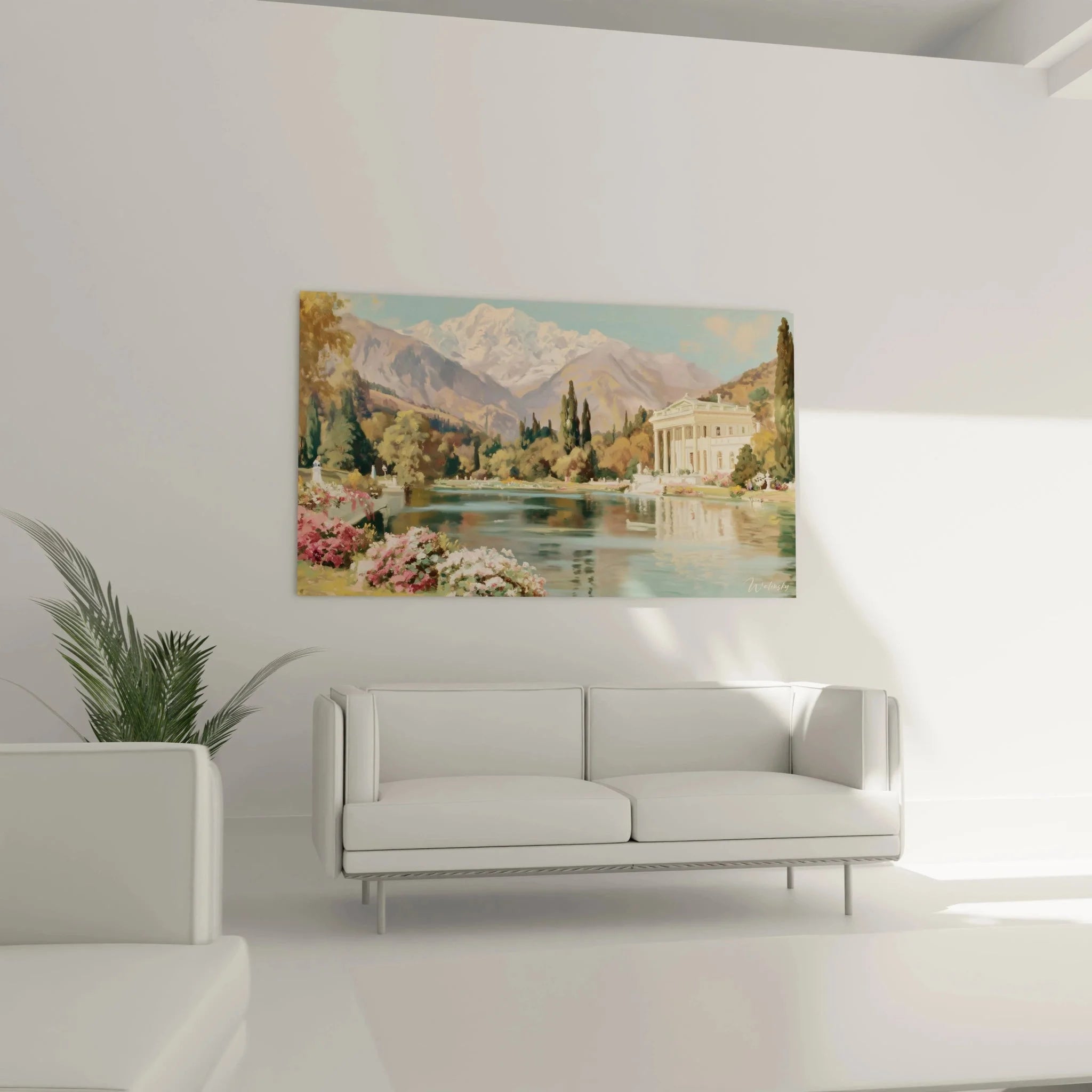 Detailansicht Wandbild Klassizismus Landschaft mit Villa Architektur und Blütenpracht am Seeufer