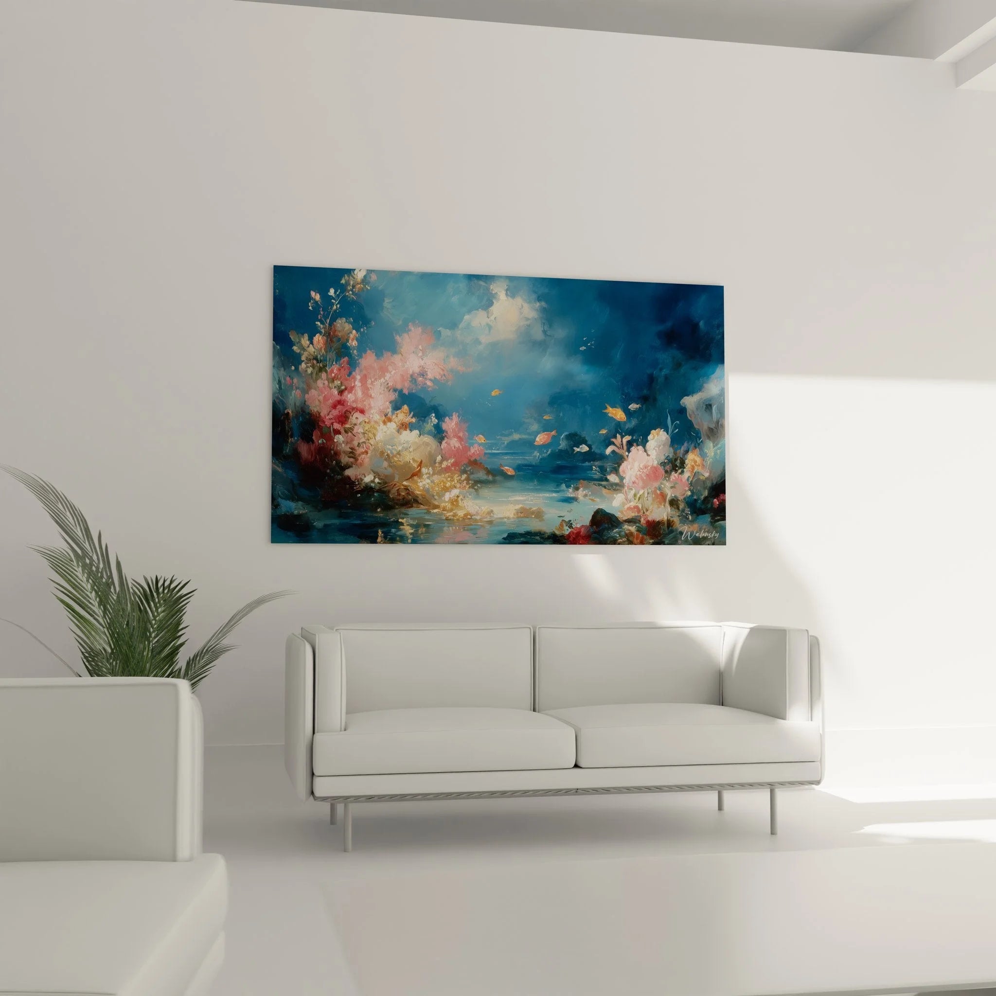 Detailansicht Wandbild Korallen in Rosa und Gold mit schwimmenden orangefarbenen Fischen