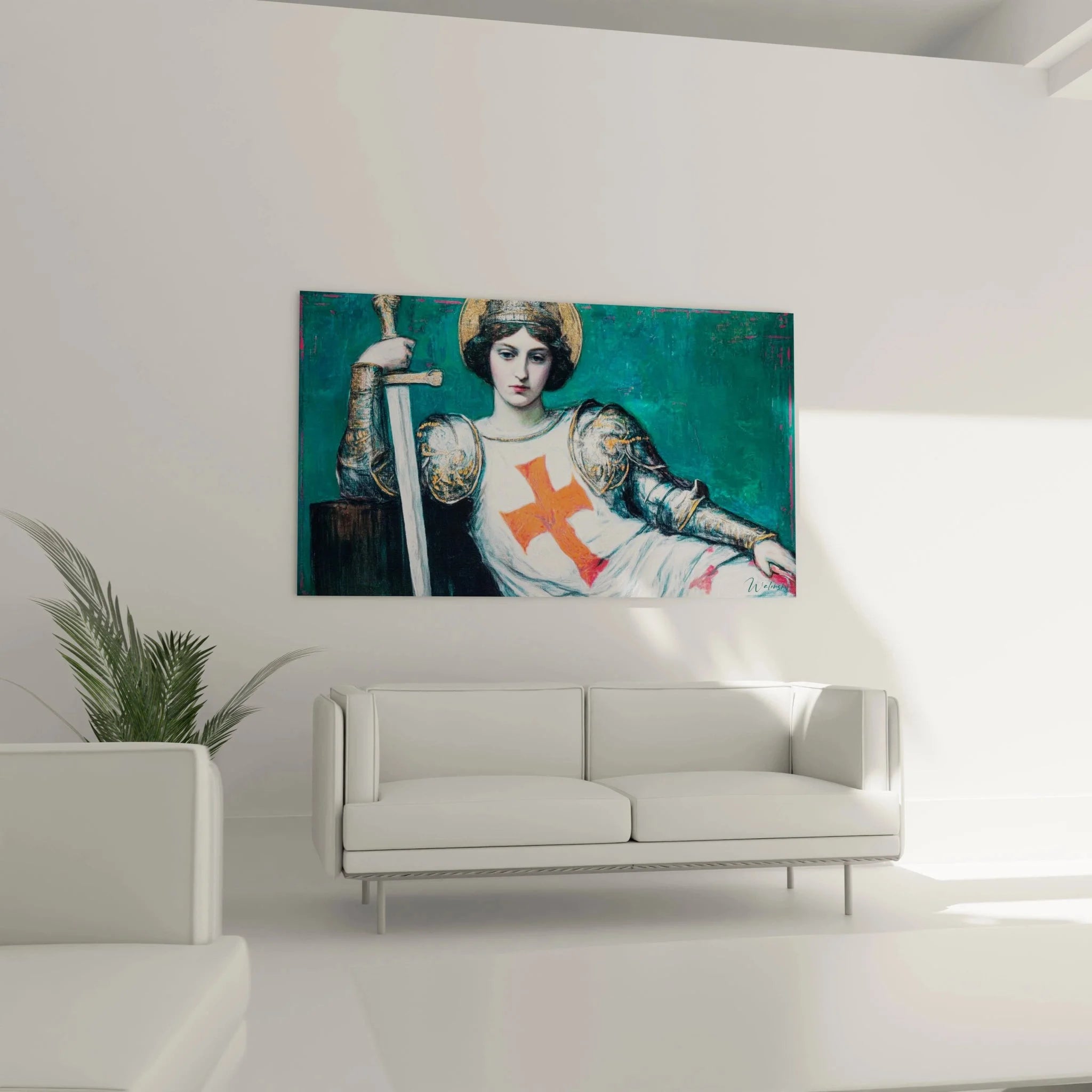 Detailansicht Wandbild Kreuzritter, rotes Kreuz auf weißem Gewand und glänzende Rüstungsdetails