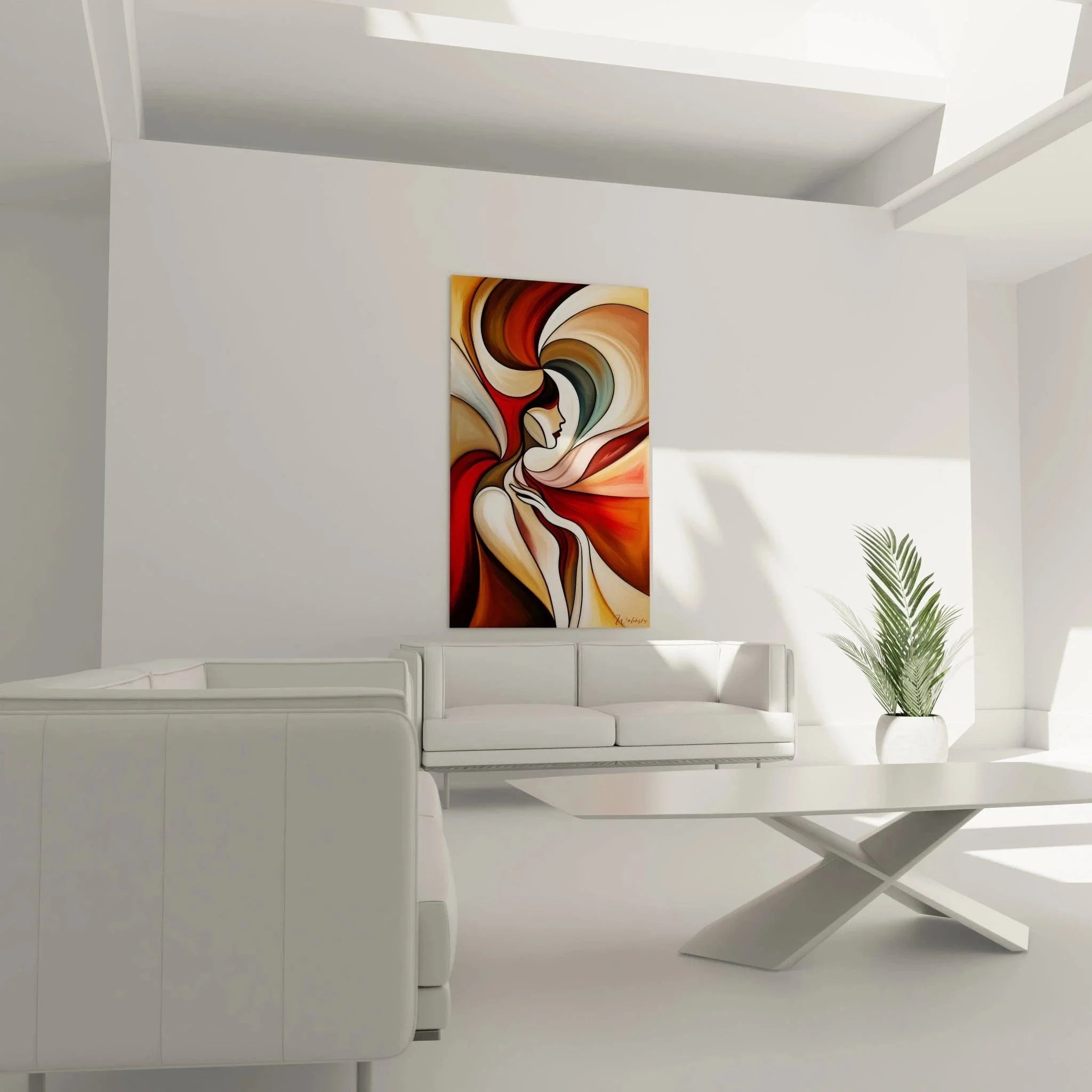 Detailansicht Wandbild kubistische Frau mit organischen Formen und warmer Farbpalette