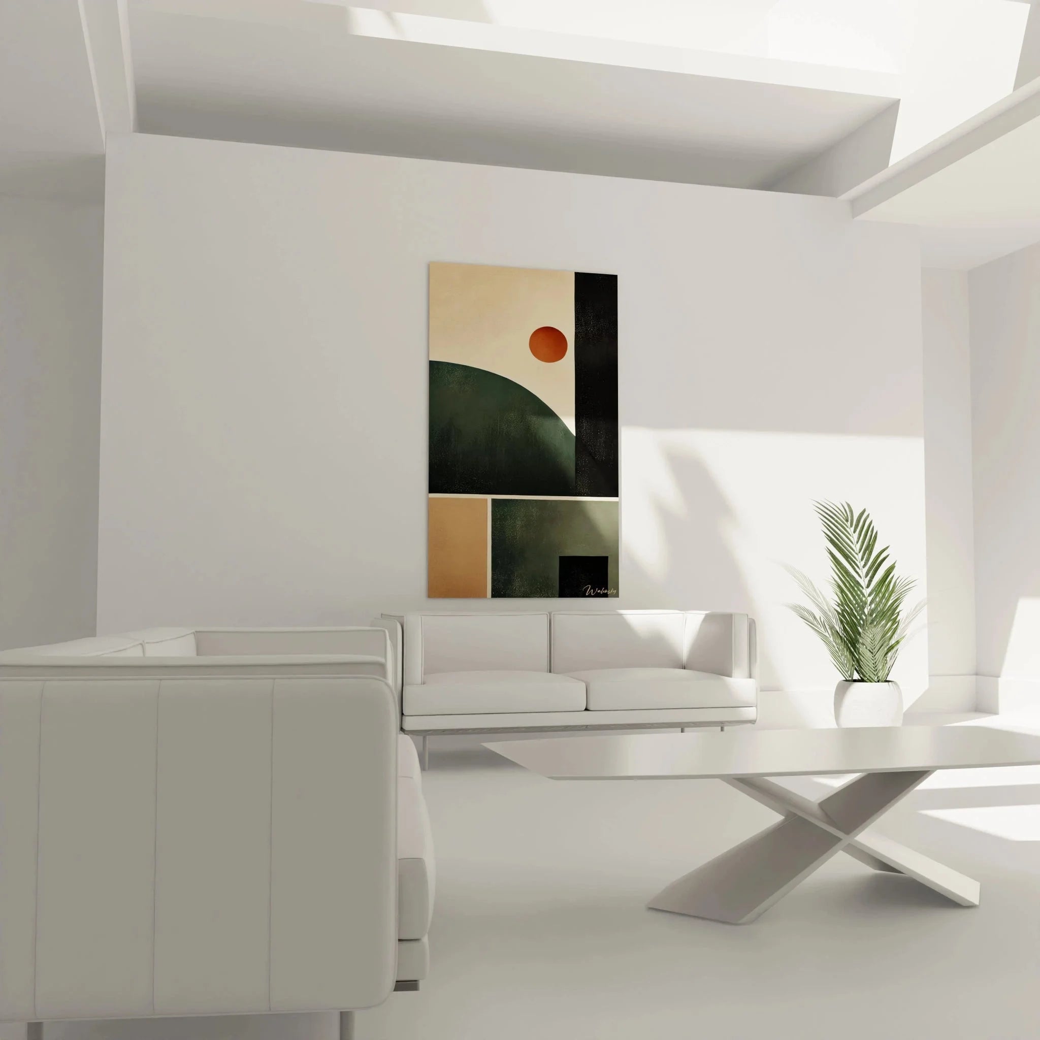 Detailansicht Wandbild kubistische Landschaft mit geometrischen Segmenten und rötlicher Sonne