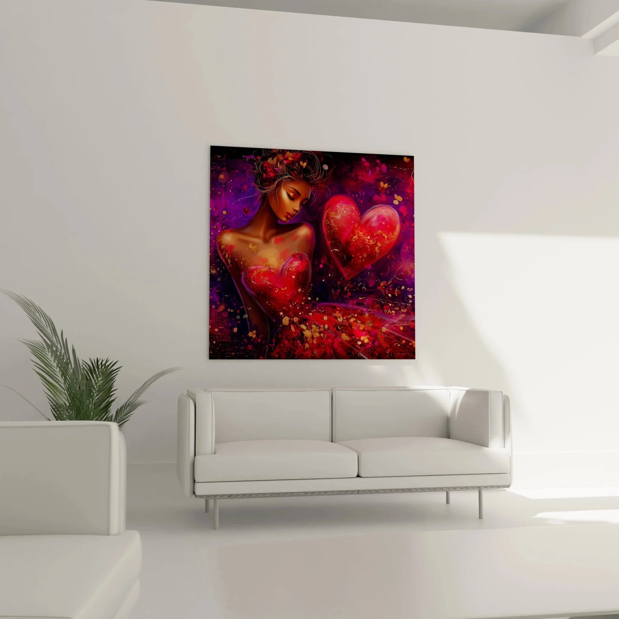 Detailansicht Wandbild romantische Liebe mit goldenen Partikeln und transparenten Herzformen