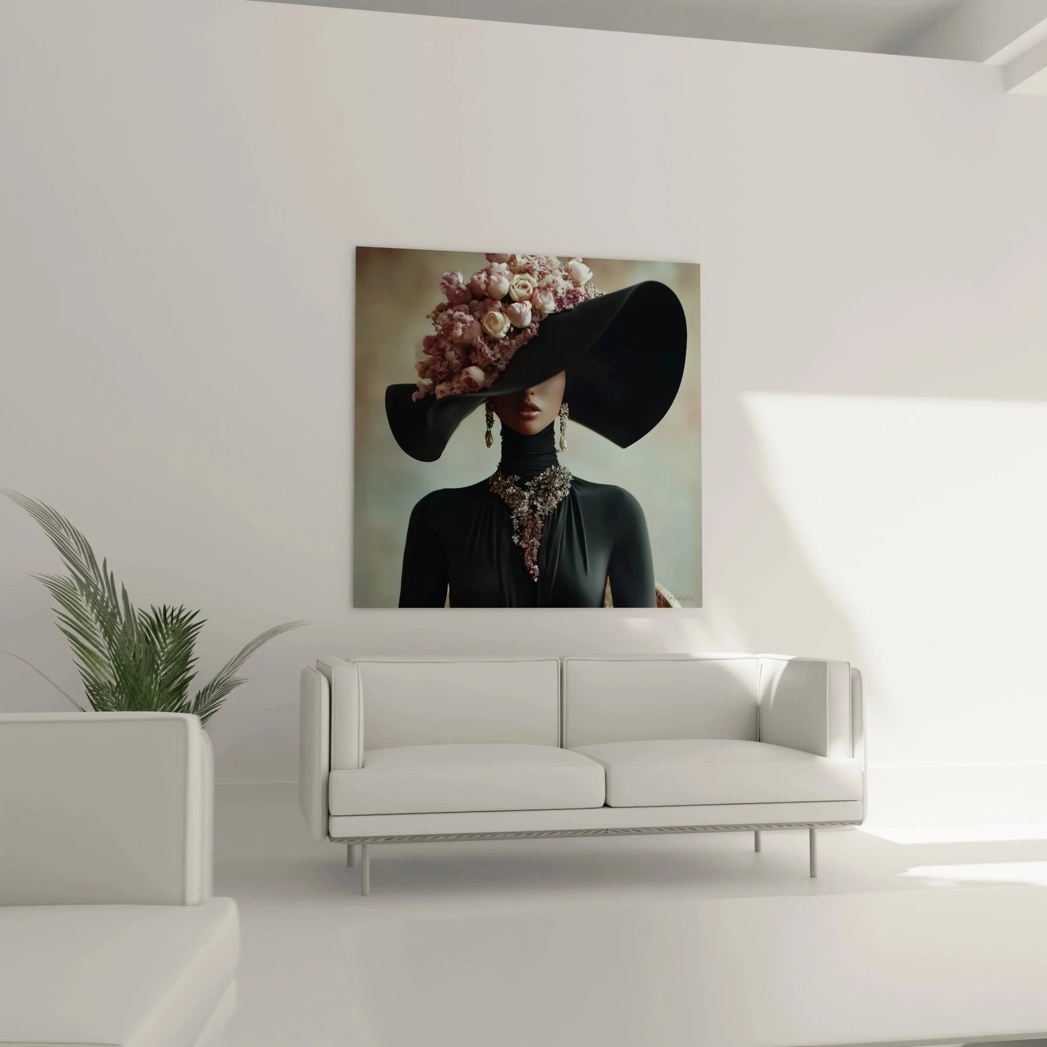 Detailansicht Wandbild Dame mit Hut - rosa Blumen und goldene Ohrringe feminine Eleganz