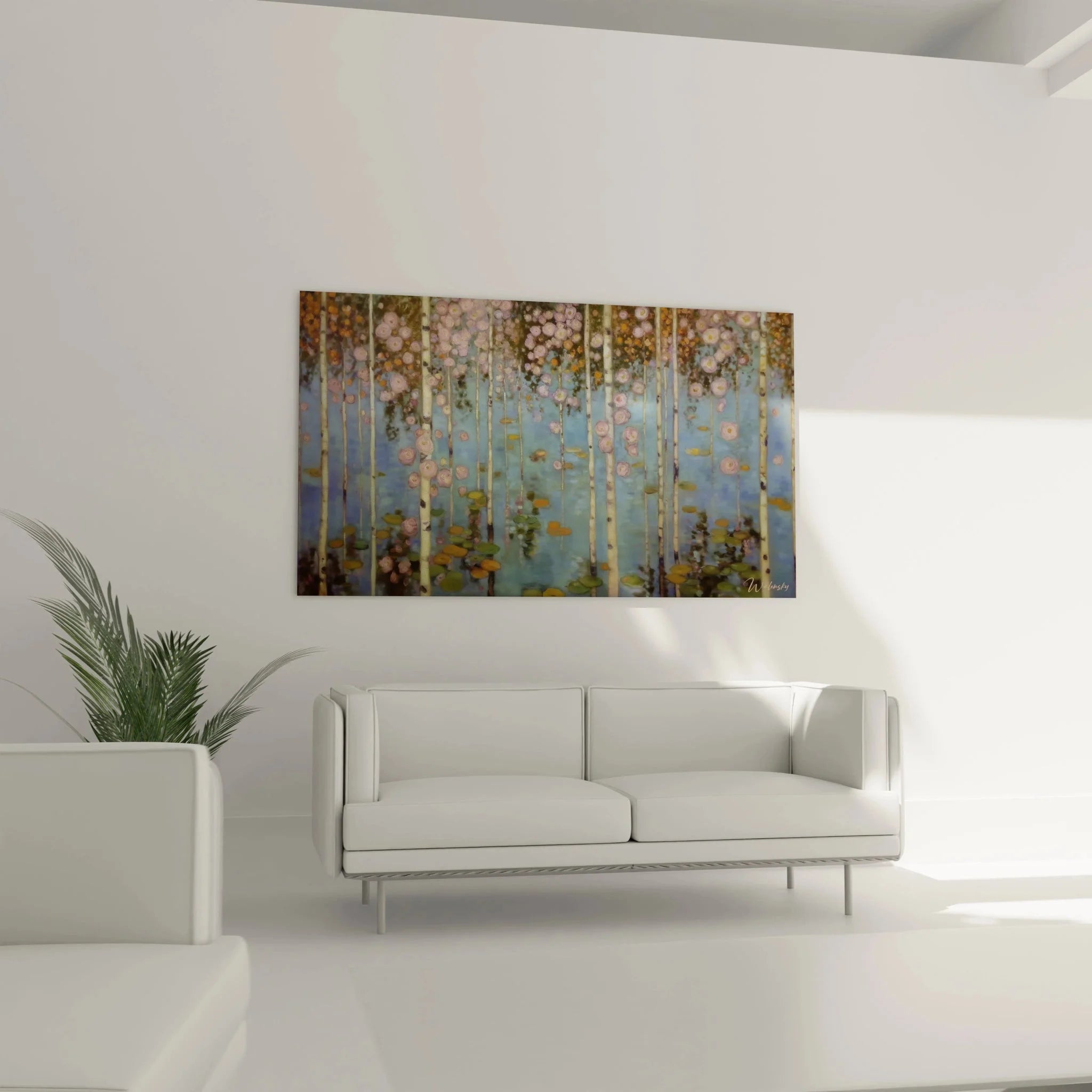 Detailansicht Wandbild mystischer Birkenwald mit schwimmenden rosa Blüten auf blauem Wasser