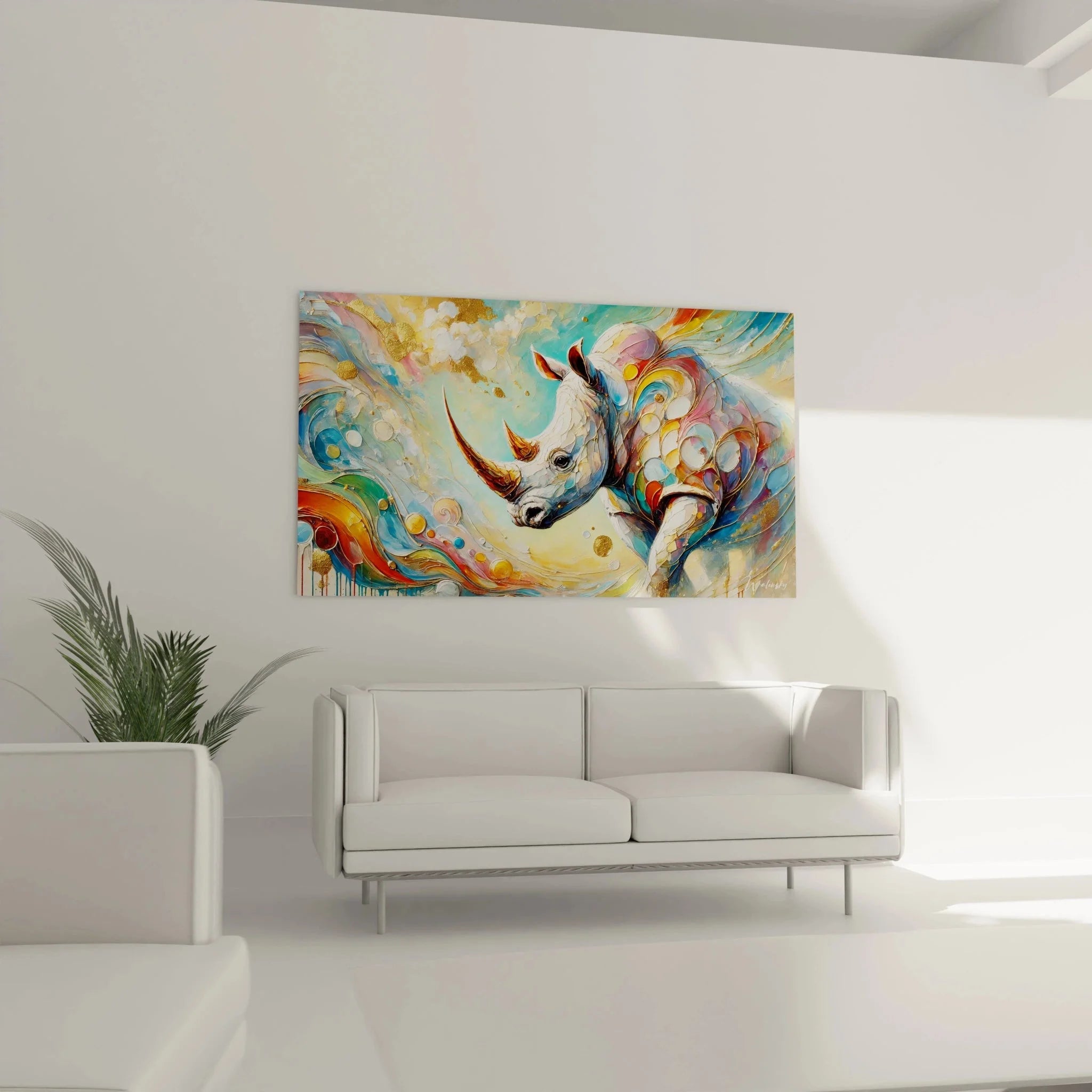 Detailansicht abstraktes Nashorn Wandbild mit roten Hörnern und goldenen Farbakzenten in Nahaufnahme