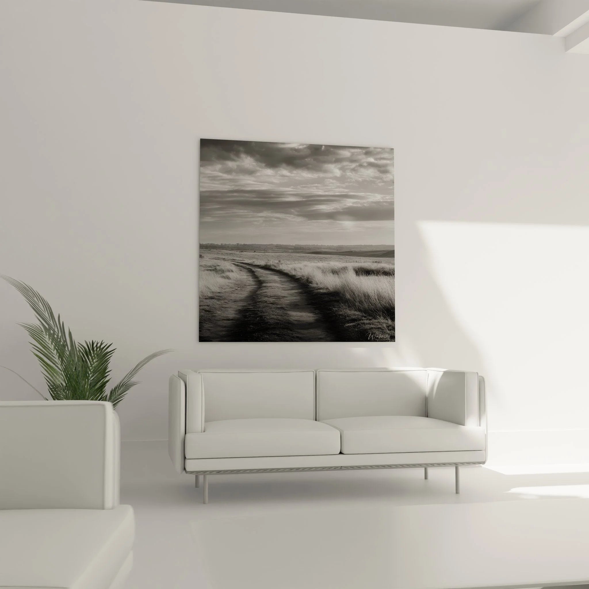 Detailansicht Wandbild neblige Heidelandschaft Feldweg schwarz-weiß Fotografie Texturen Gras