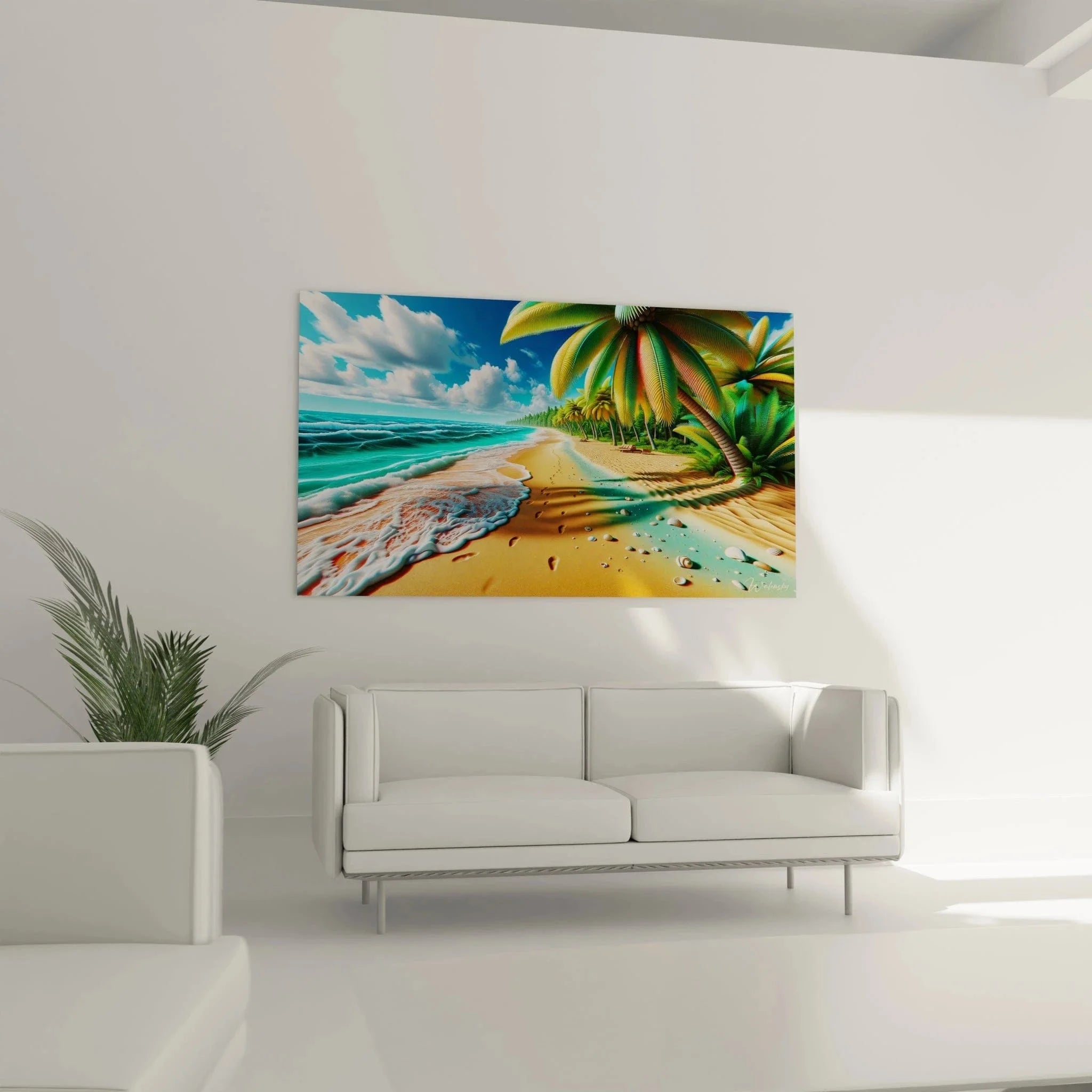 Detailansicht Wandbild Palmen Strand - Hochwertige Leinwand mit tropischem Meerblick XXL Format
