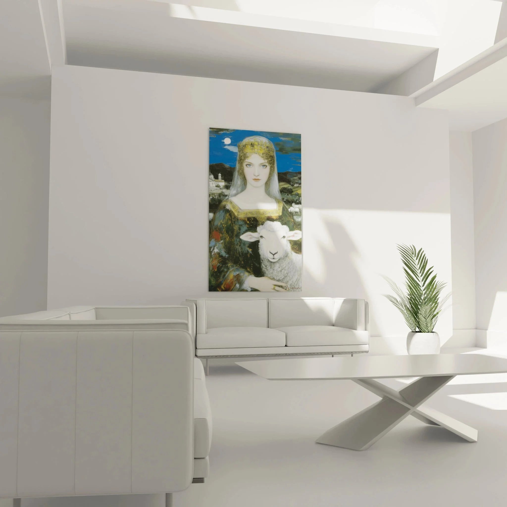 Detailansicht präraffaelitisches Wandbild zeigt kunstvolle Goldverzierungen und Gesichtszüge der Dame