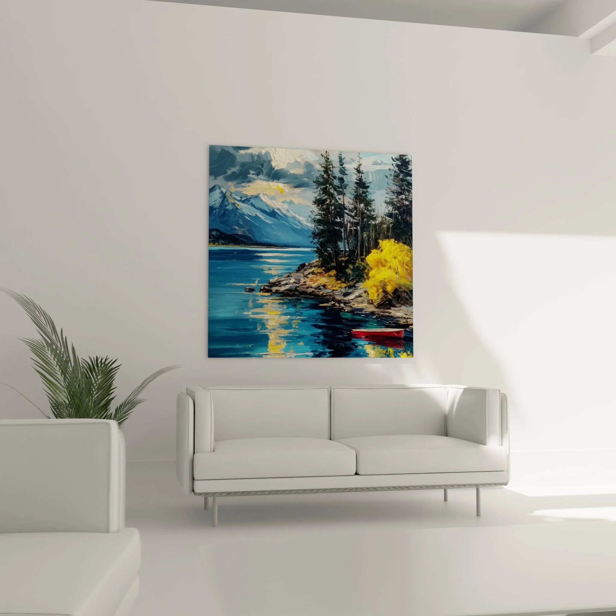 Detailaufnahme Wandbild zeigt rotes Boot am felsigen Ufer des kristallklaren Bergsees