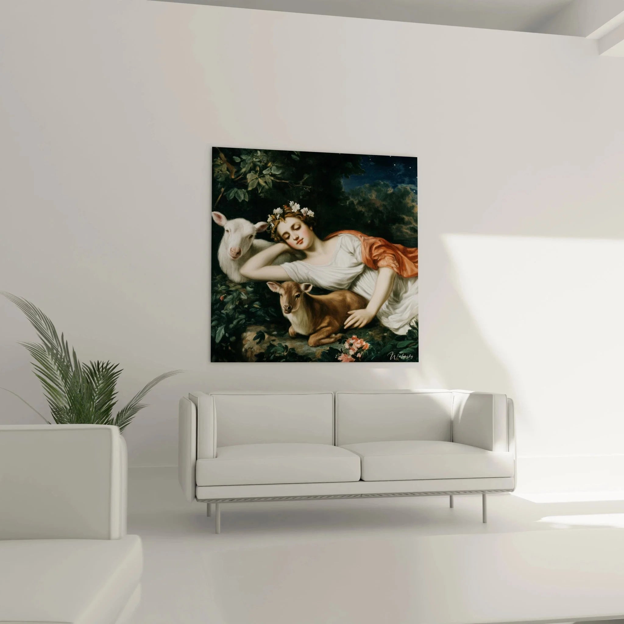 Detailansicht Wandbild schlafende Göttin mit Blütenkranz und Kälbern, neoklassische Malerei