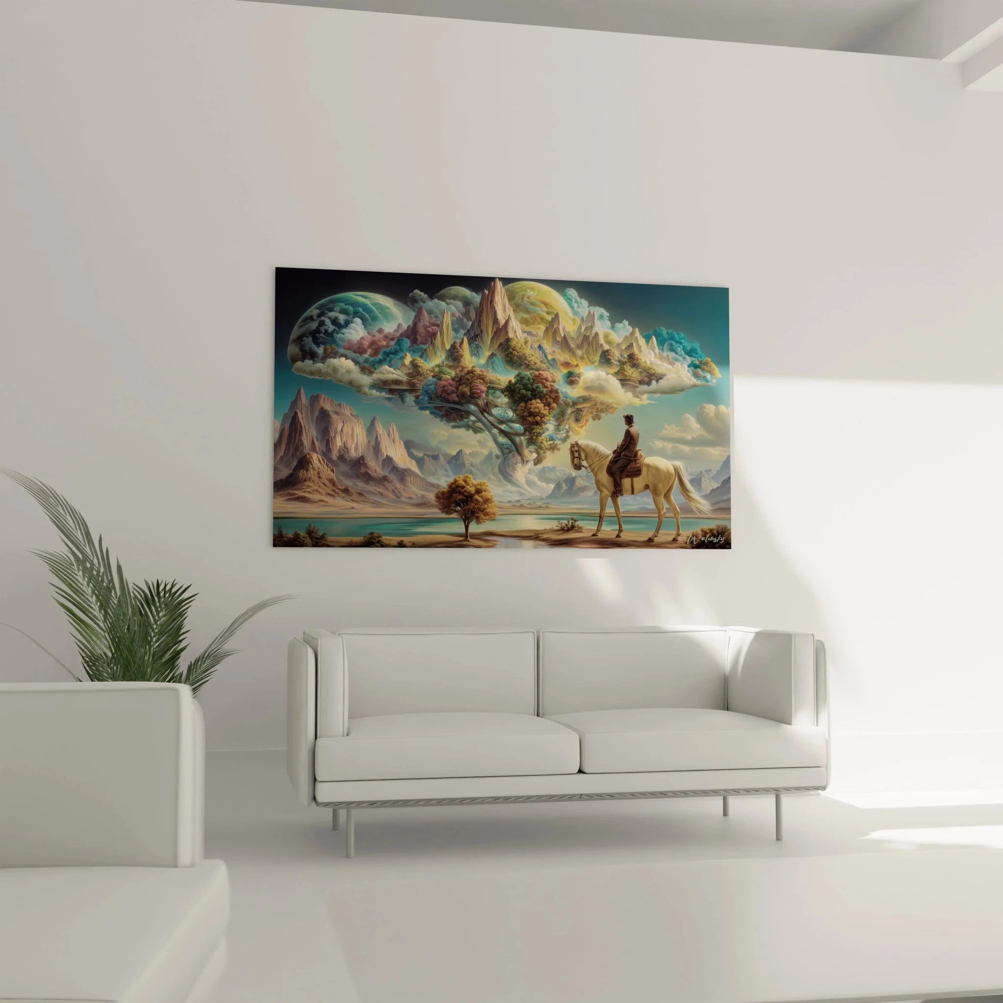 Detailaufnahme Wandbild schwebende Berginsel mit üppiger Vegetation und Wasserfällen