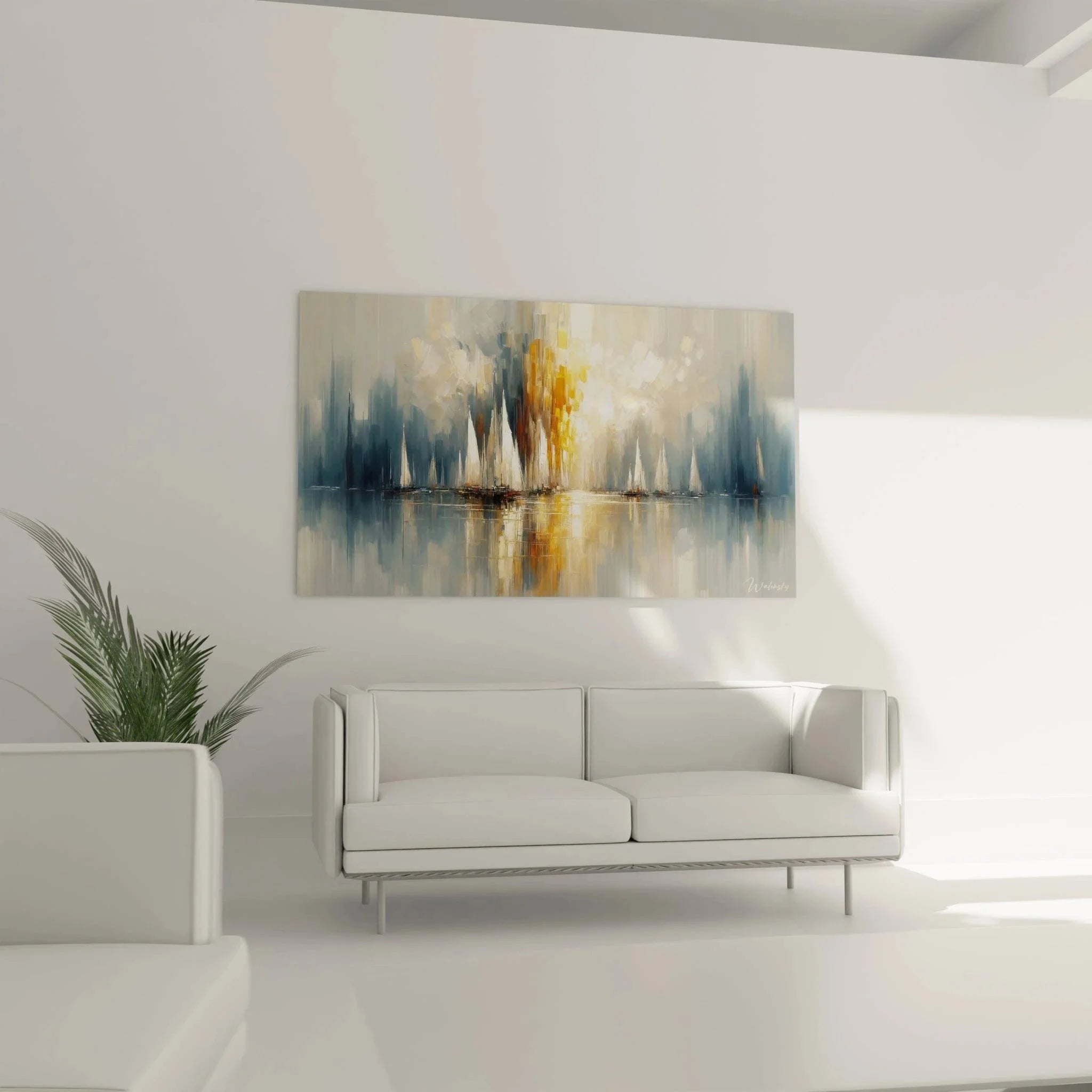 Detailansicht Wandbild Segelboot - Abstrakte Malerei Technik mit warmen Goldtönen und blauen Wassertönen