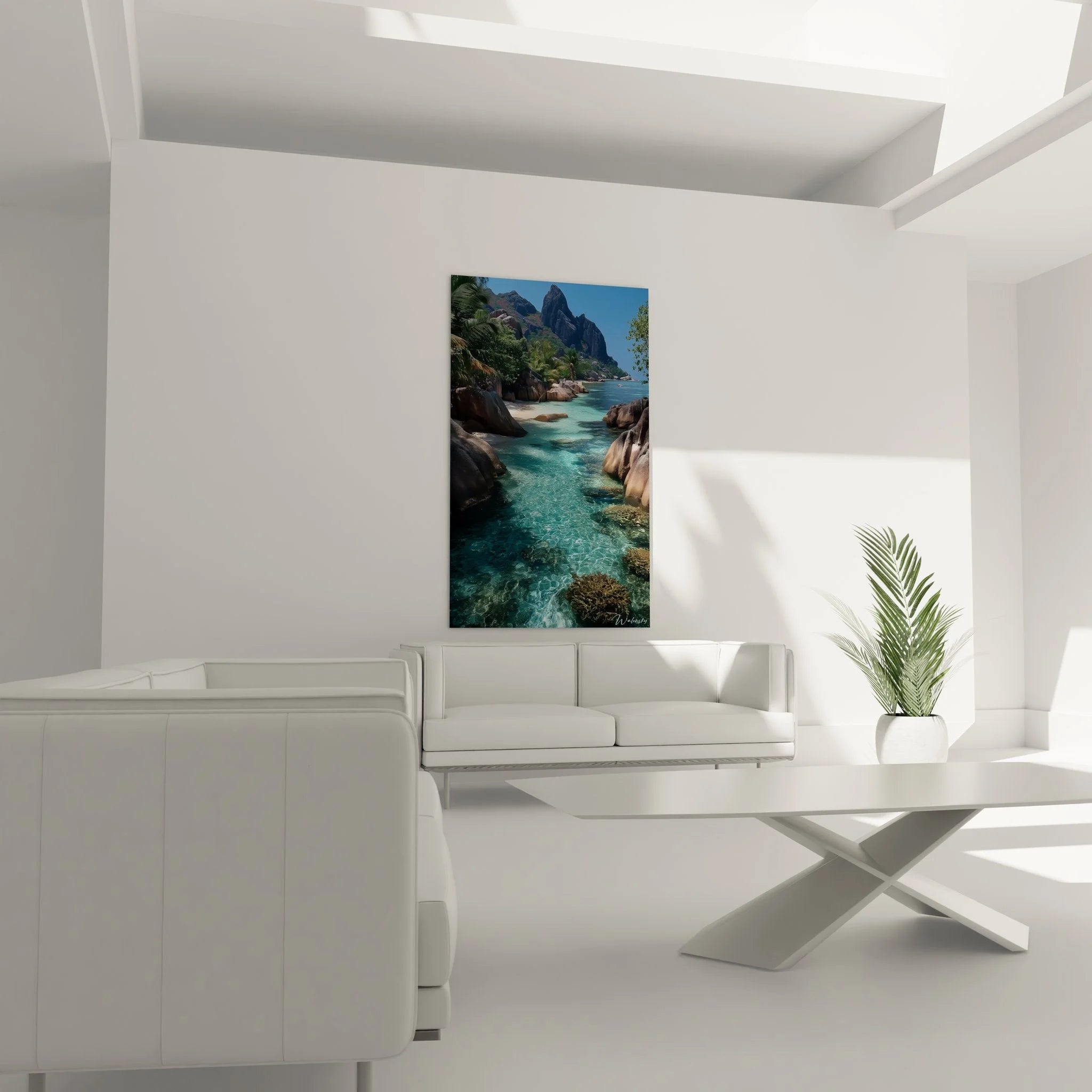 Detailaufnahme Wandbild Seychellen - kristallklares türkises Wasser zwischen charakteristischen Granitfelsen