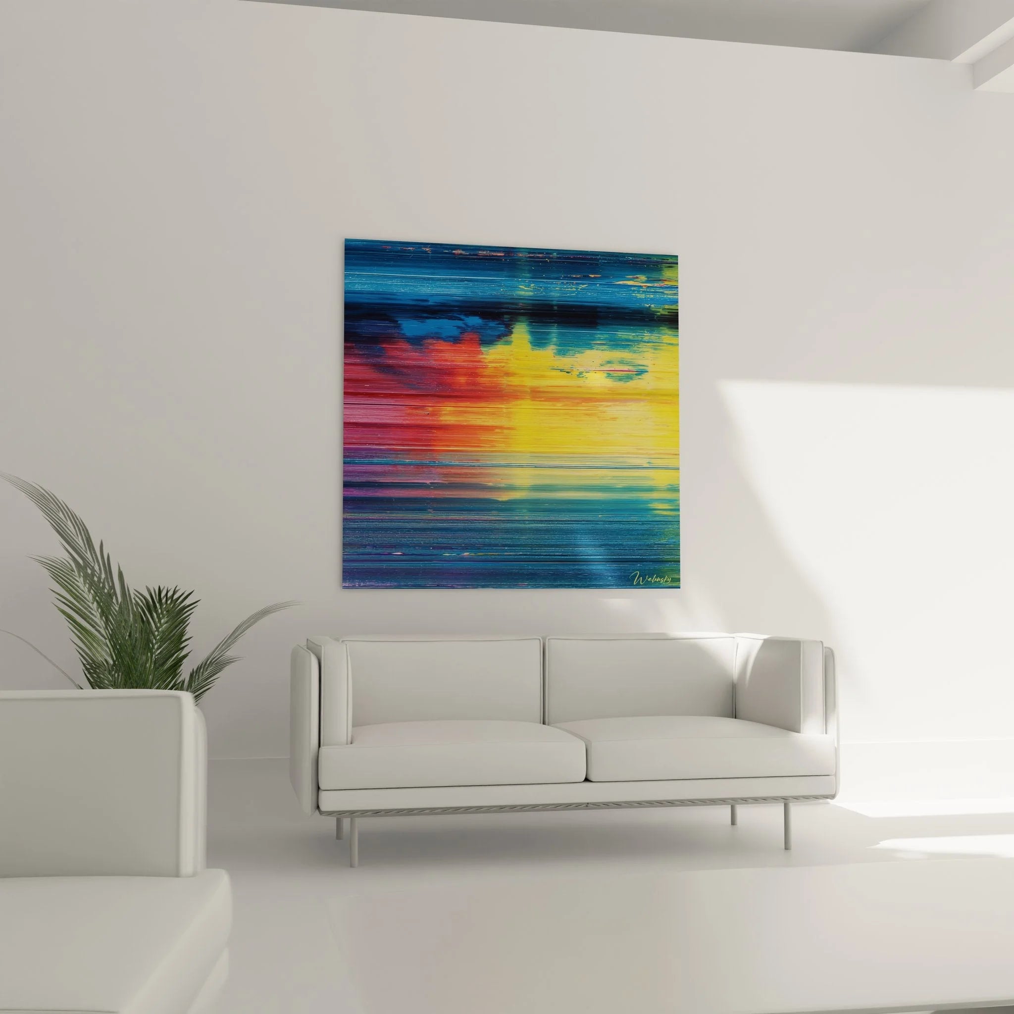 Detailaufnahme Wandbild Spachteltechnik zeigt digitale Glitch Struktur mit Farbverläufen