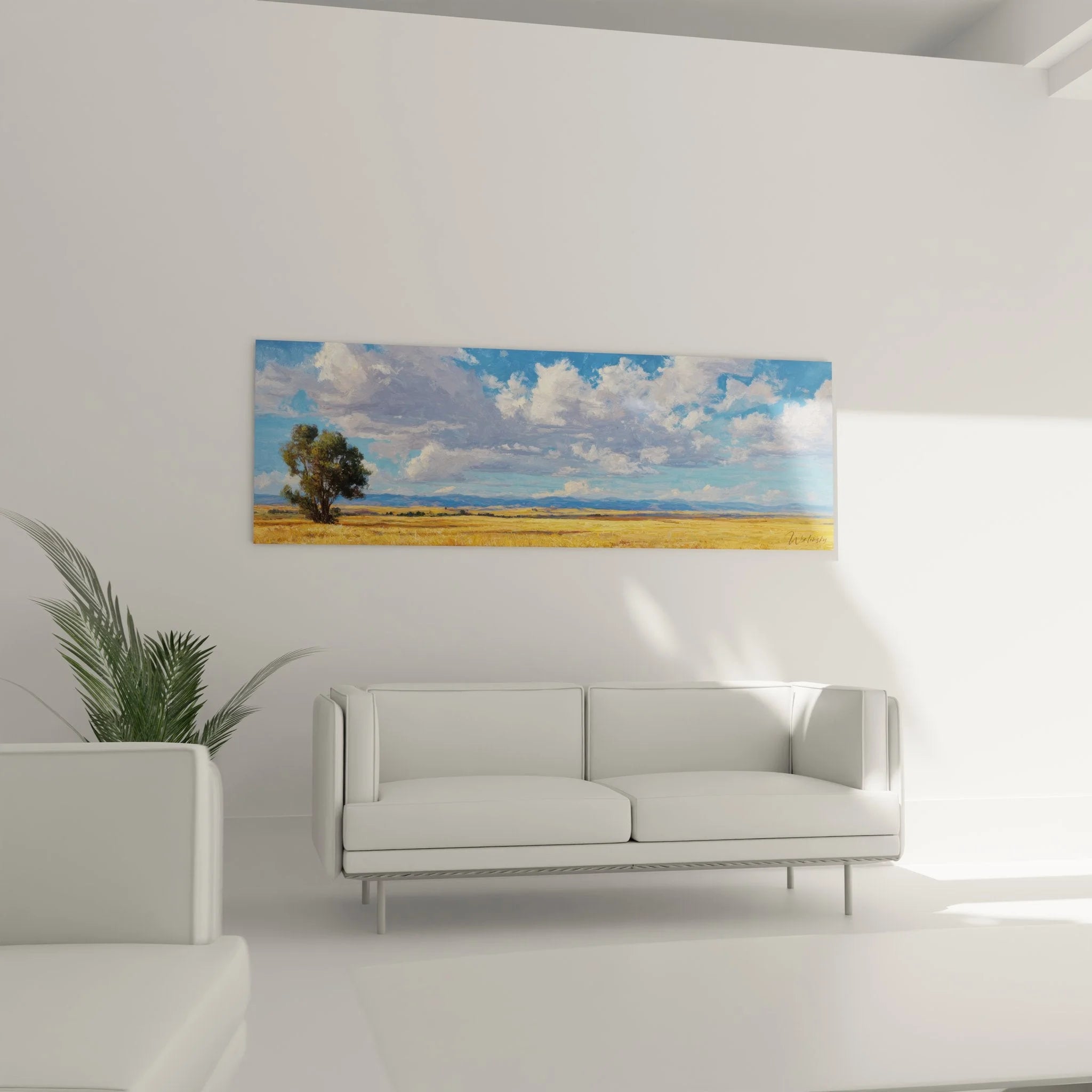 Detailansicht Wandbild Steppe mit strukturiertem Getreidefeld und voluminösen Wolkenformationen am blauen Himmel