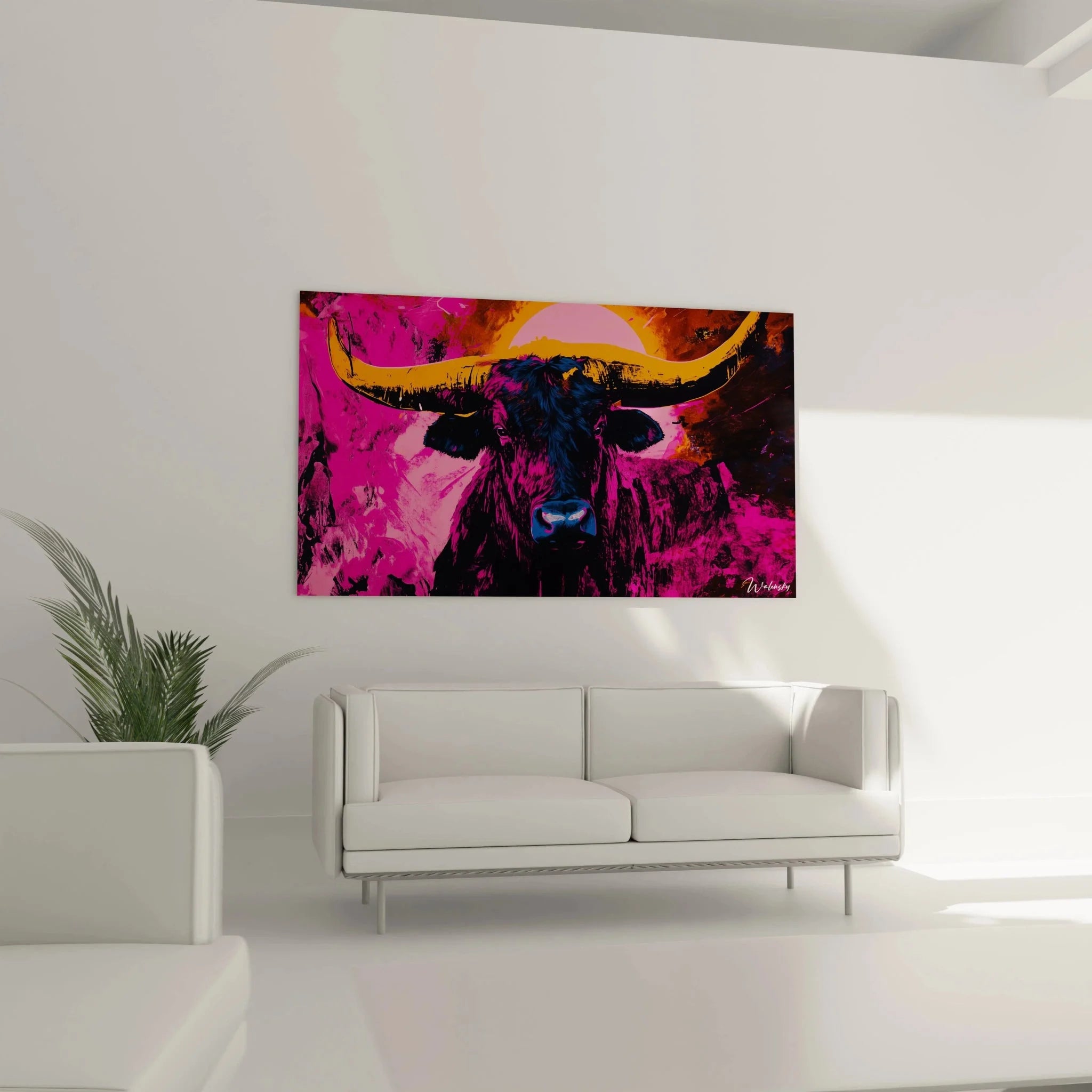 Detailansicht Wandbild Stier Farbexplosion - abstrakte Pinselstriche in Pink Orange Tönen